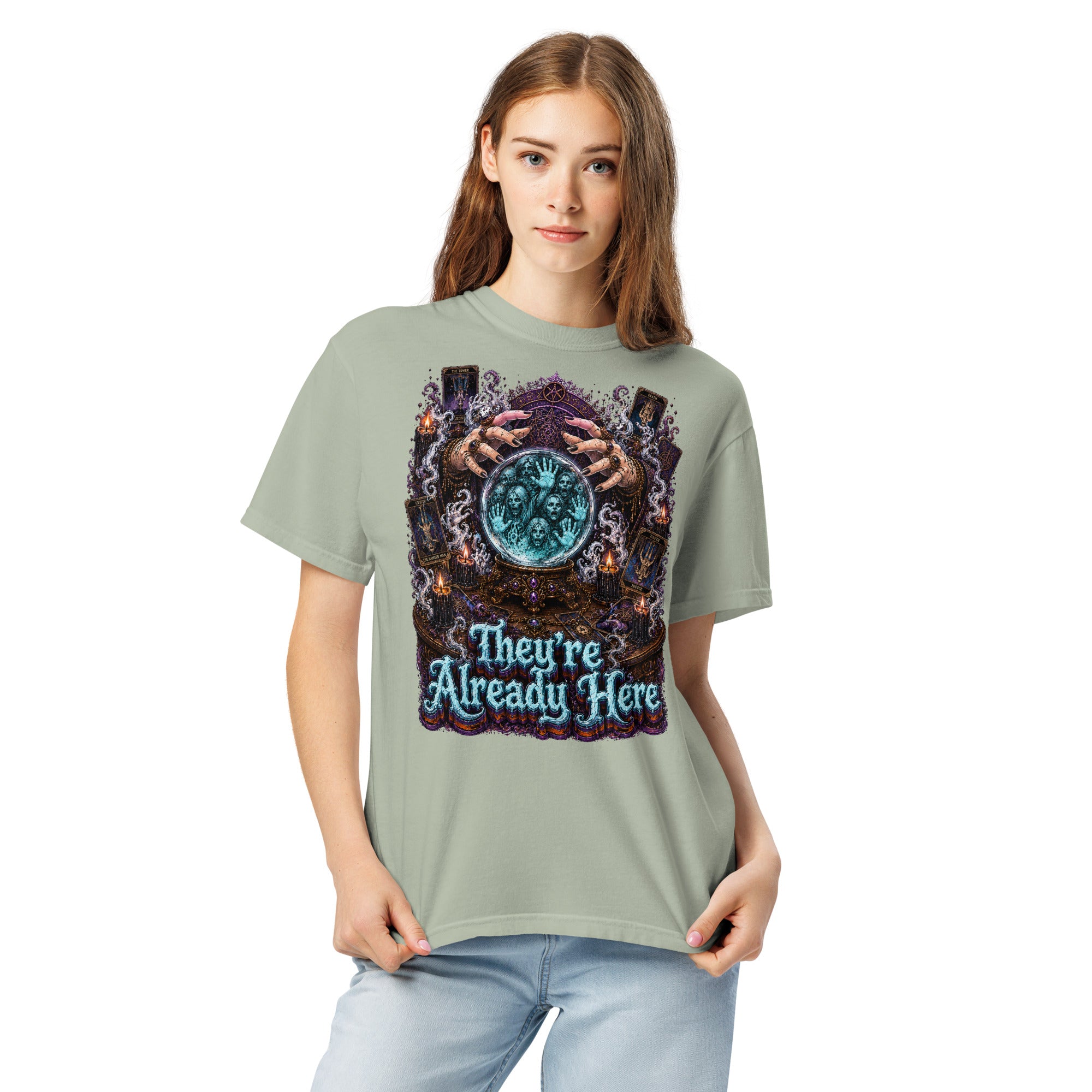 Horror and Mystery Lovers Unisex Garment-Dyed Heavyweight T-Shirt — "They're Already Here" Fortune Teller Crystal Ball and Tarot Design by printfluence.net