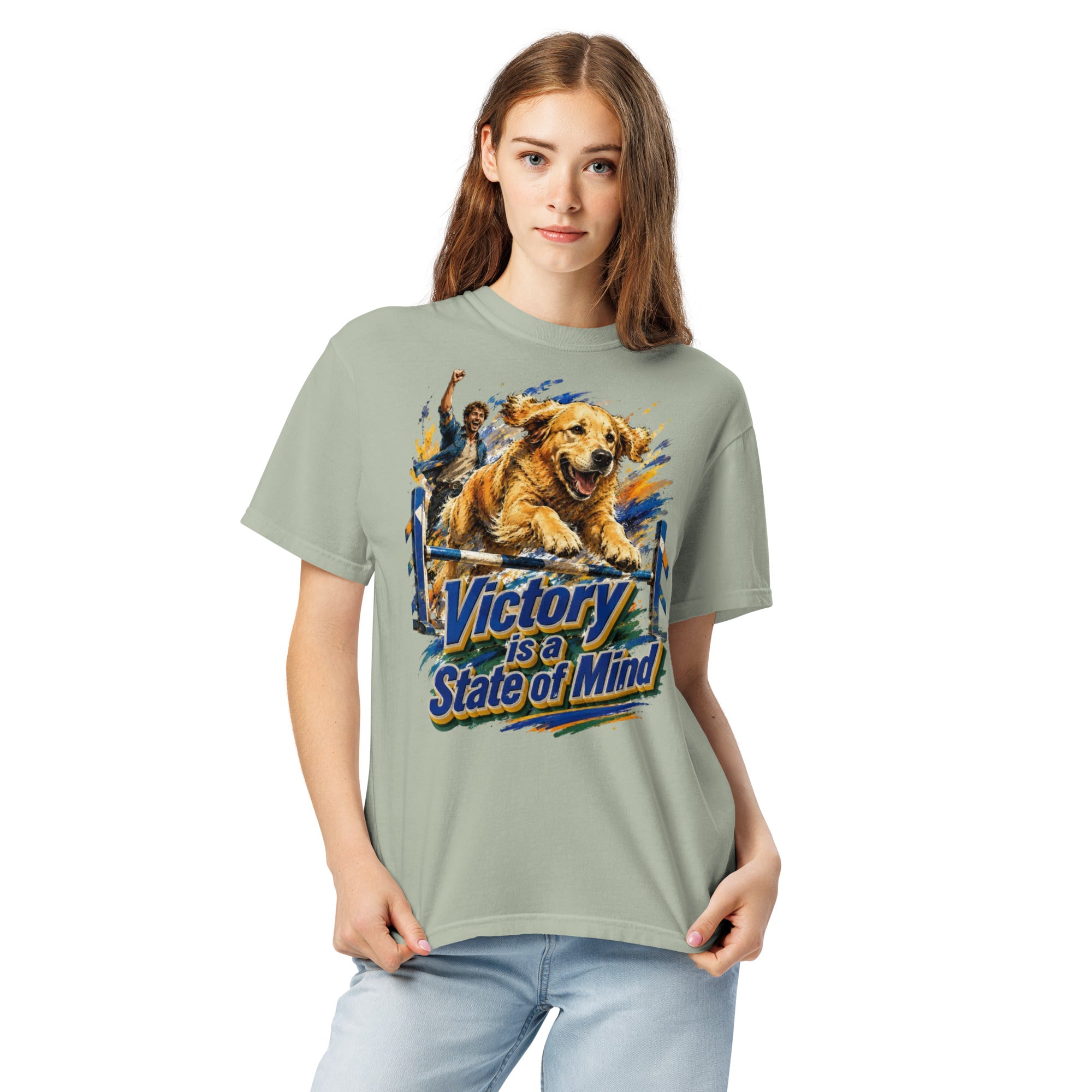 Golden Retriever Lovers Unisex Garment-Dyed Heavyweight T-Shirt — "Victory is a State of Mind" Agility Jumping Dog and Owner Design by printfluence.net