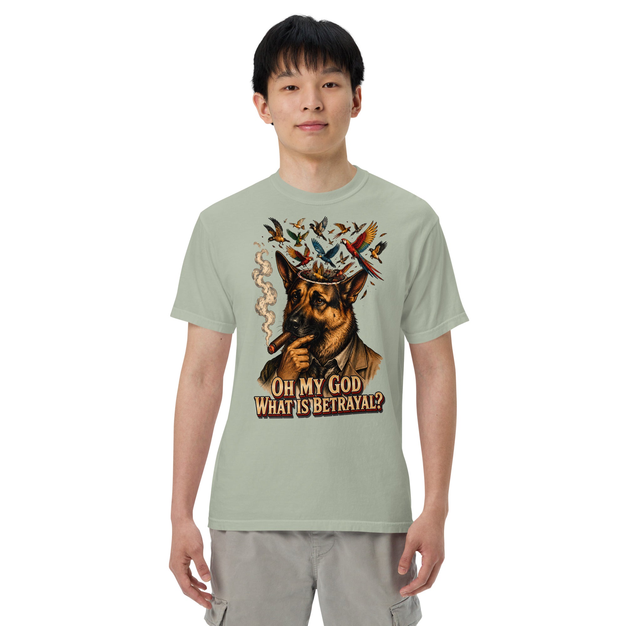 German Shepherd Lovers Unisex Garment-Dyed Heavyweight T-Shirt | "What Is Betrayal?" Philosophical Graphic Tee by printfluence.net