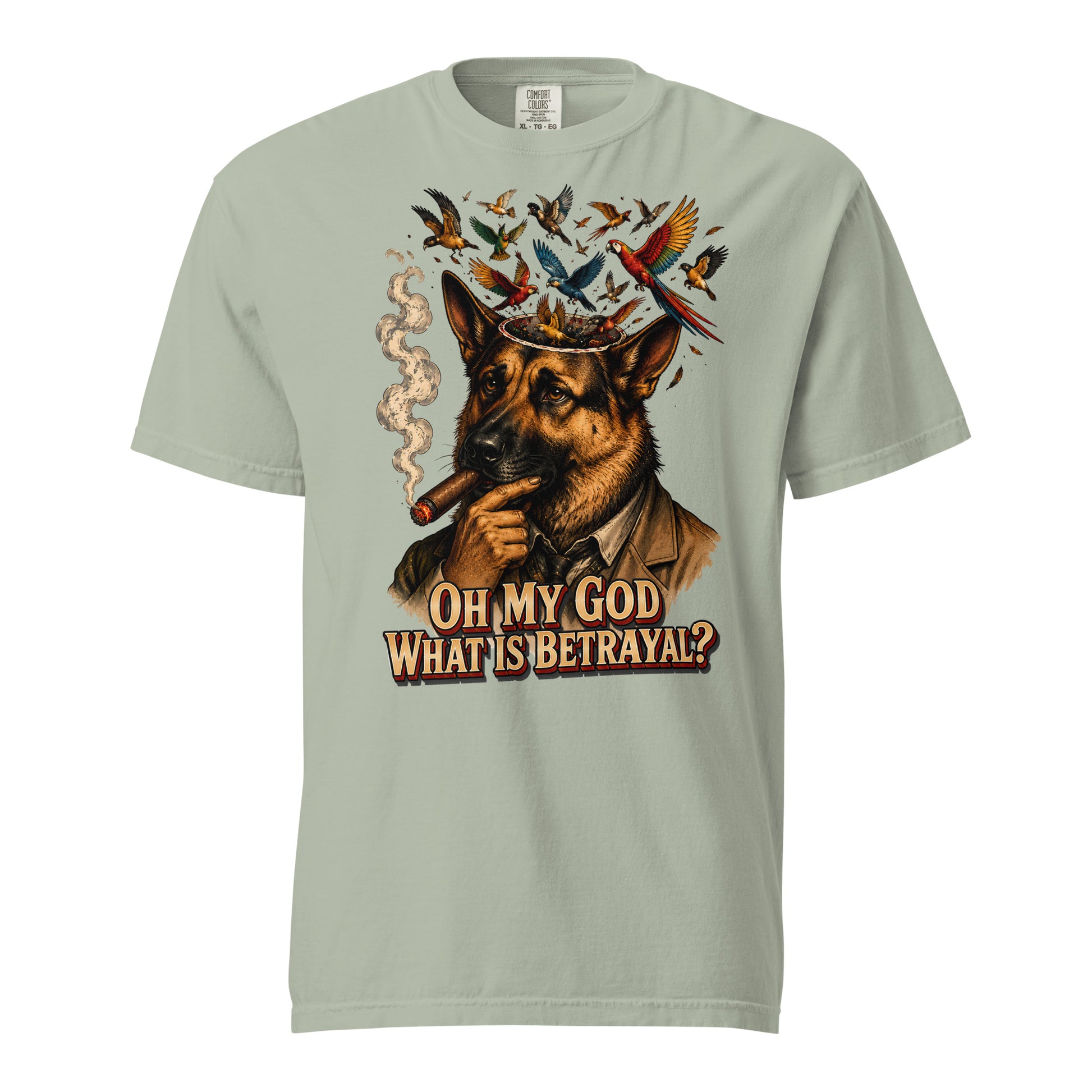 German Shepherd Lovers Unisex Garment-Dyed Heavyweight T-Shirt | "What Is Betrayal?" Philosophical Graphic Tee by printfluence.net