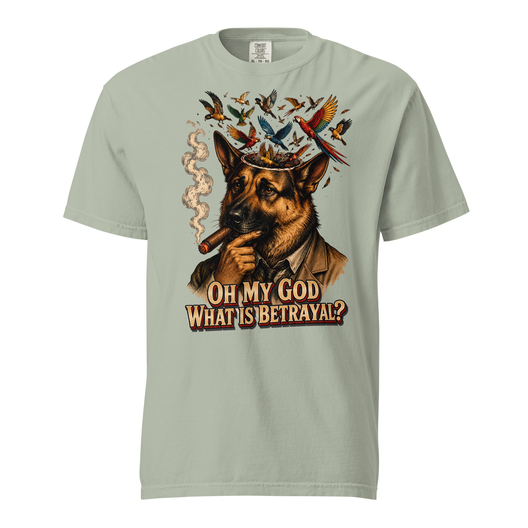 German Shepherd Lovers Unisex Garment-Dyed Heavyweight T-Shirt | "What Is Betrayal?" Philosophical Graphic Tee by printfluence.net