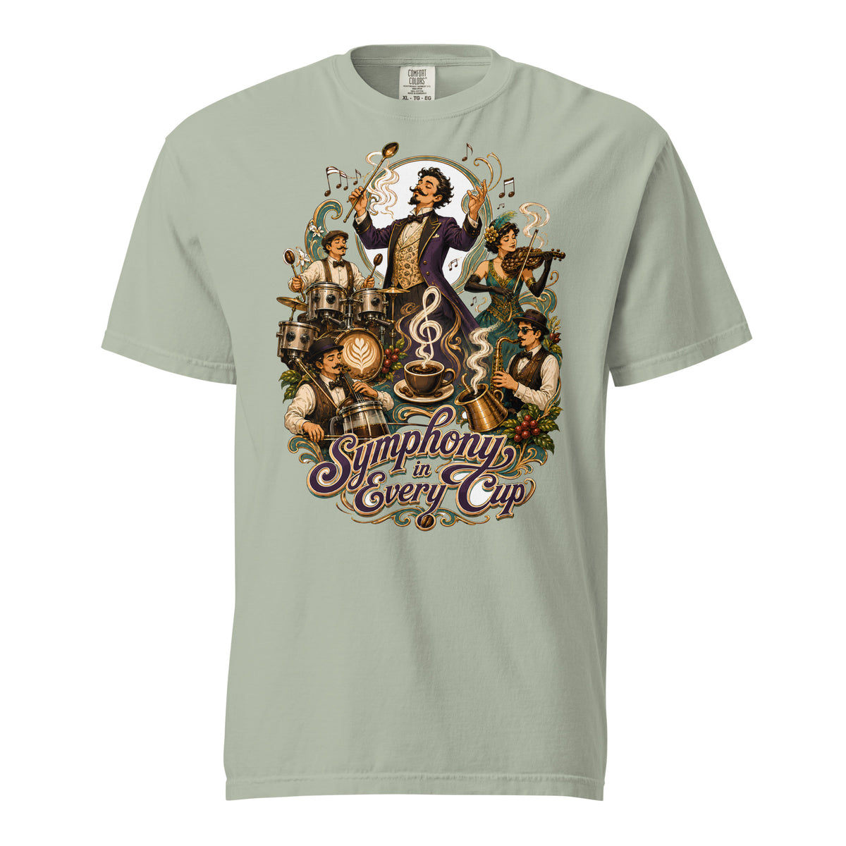 Coffee Lovers Unisex Heavyweight T-shirt Symphony in Every Cup – Musical & Orchestral Coffee Graphic Tee by printfluence.net