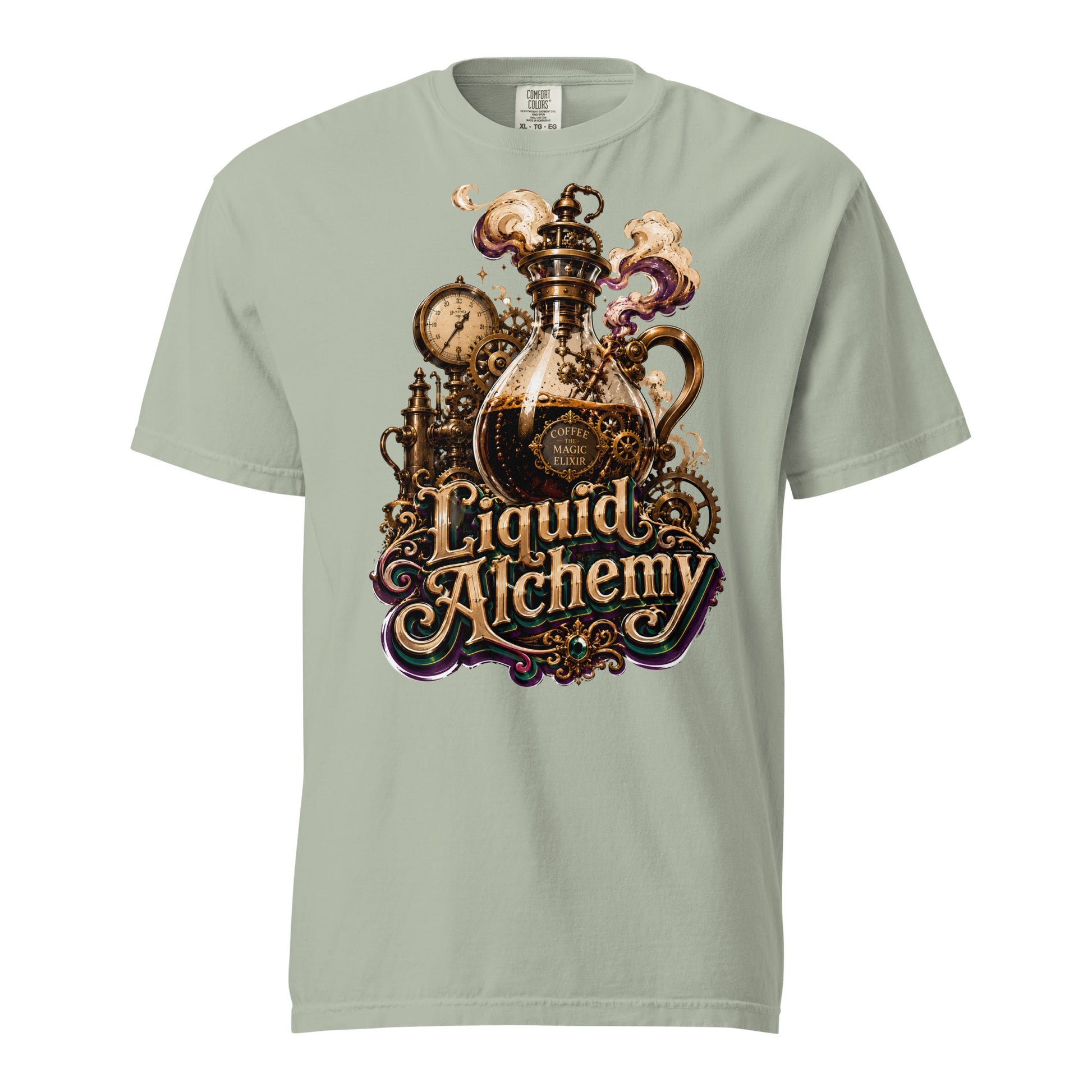 Coffee Lovers Unisex Garment-Dyed Heavyweight T-shirt Liquid Alchemy – Steampunk Coffee Magic Elixir Graphic Tee by printfluence.net