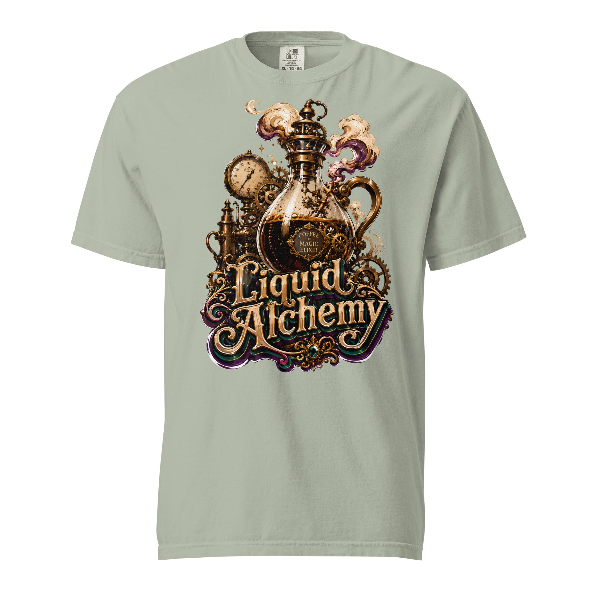 Coffee Lovers Unisex Garment-Dyed Heavyweight T-shirt Liquid Alchemy – Steampunk Coffee Magic Elixir Graphic Tee by printfluence.net