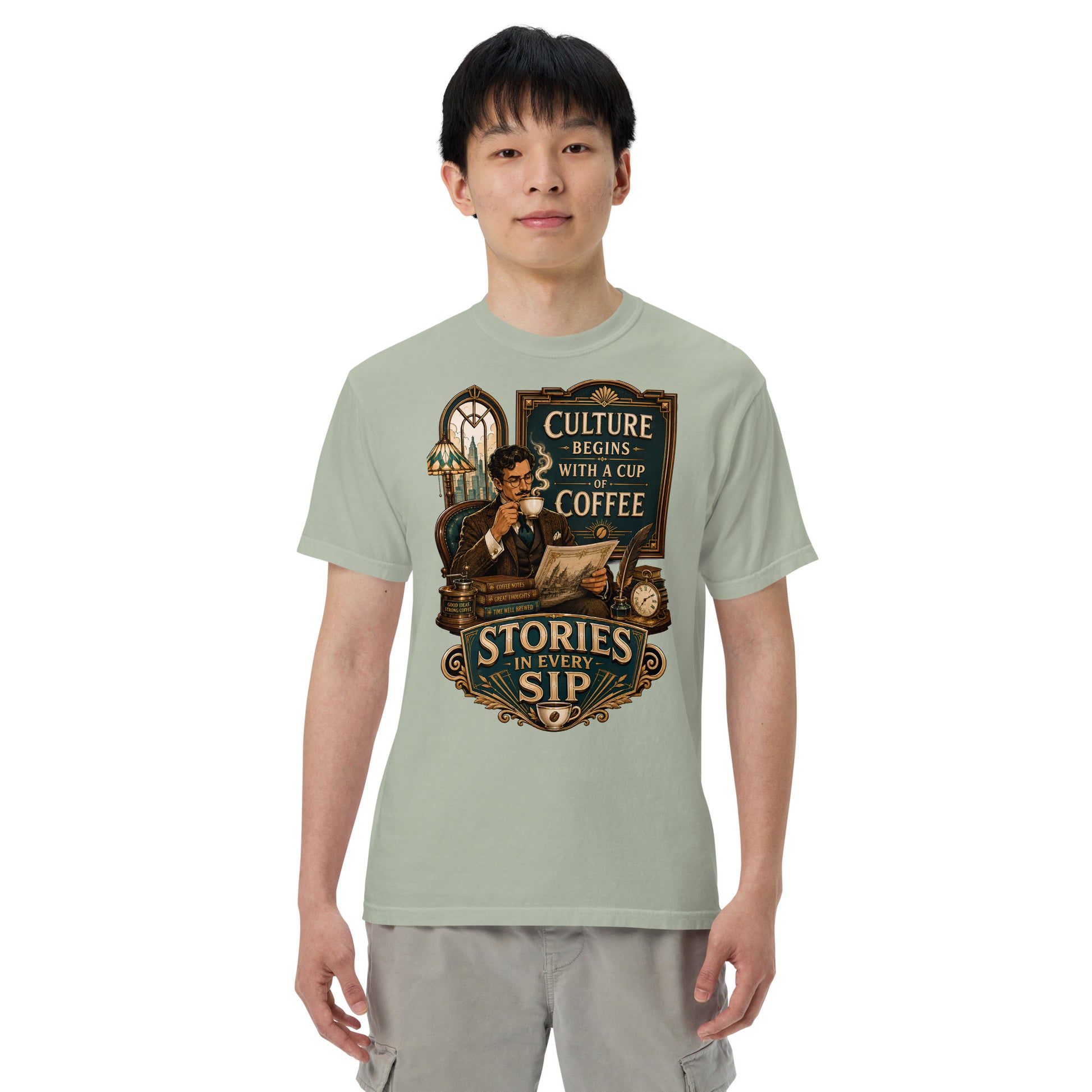 Coffee Lovers Unisex Heavyweight T-shirt Stories in Every Sip – Vintage Gentleman & Intellectual Coffee Graphic Tee by printfluence.net