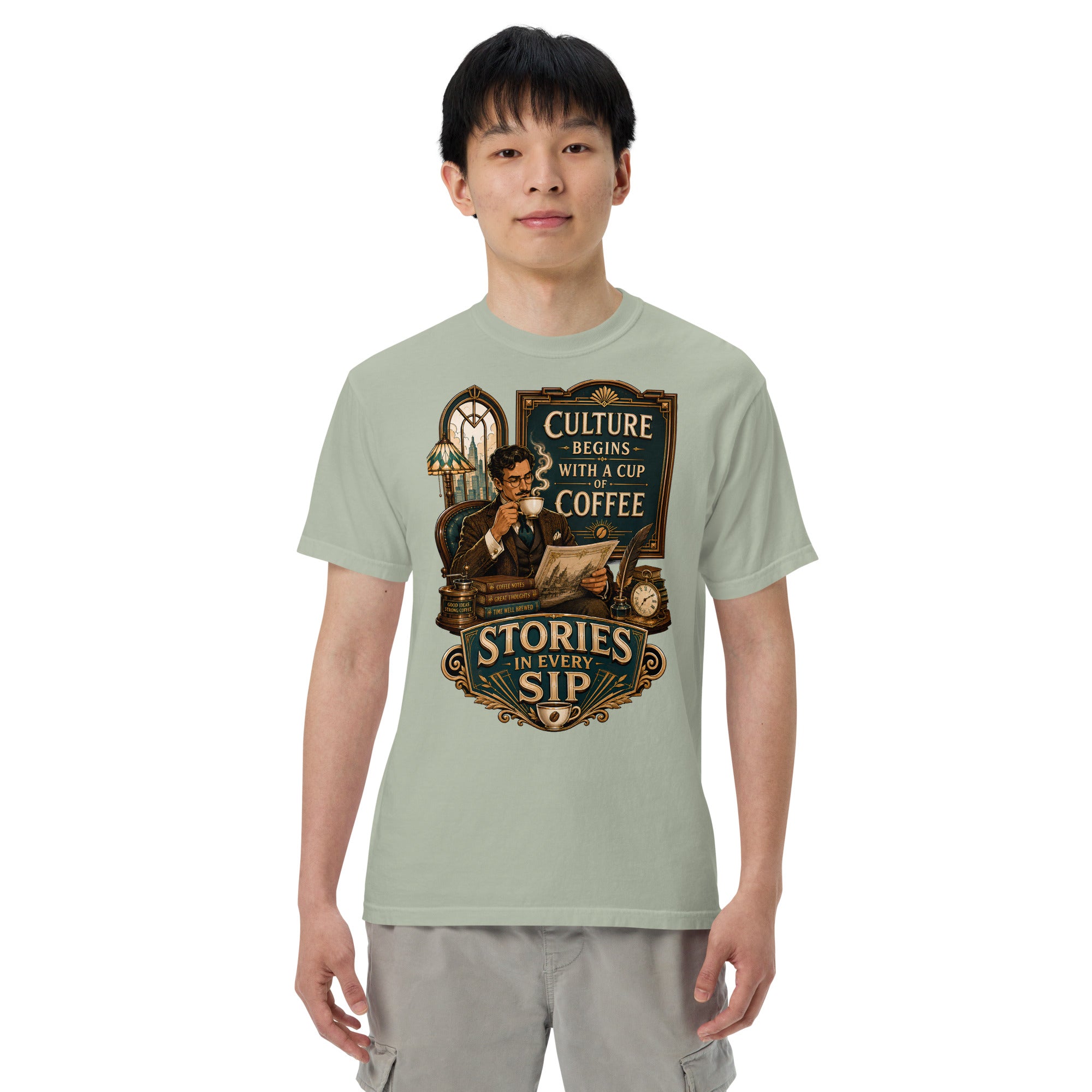 Coffee Lovers Unisex Heavyweight T-shirt Stories in Every Sip – Vintage Gentleman & Intellectual Coffee Graphic Tee by printfluence.net
