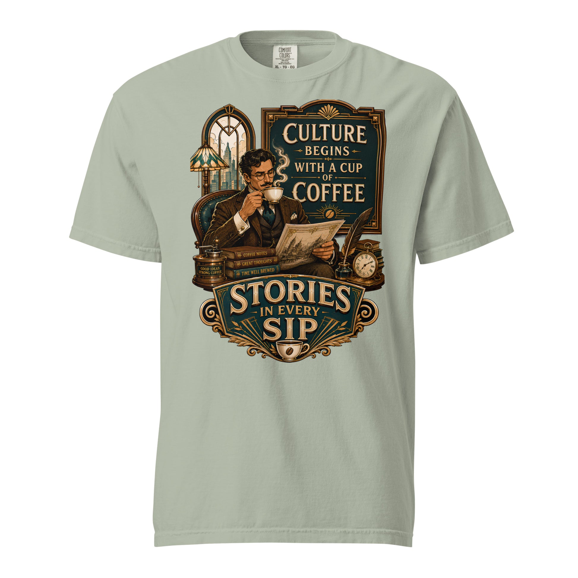 Coffee Lovers Unisex Heavyweight T-shirt Stories in Every Sip – Vintage Gentleman & Intellectual Coffee Graphic Tee by printfluence.net