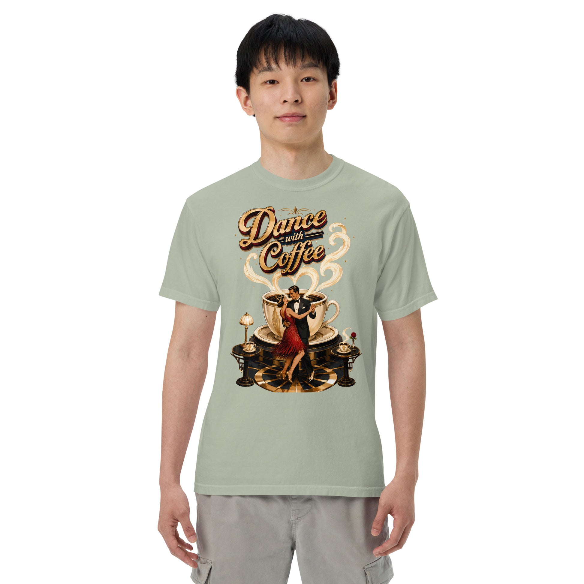 Coffee Lovers Unisex Garment-Dyed Heavyweight T-Shirt Dance with Coffee – Art Deco Dancer & Giant Cup Graphic Tee by printfluence.net