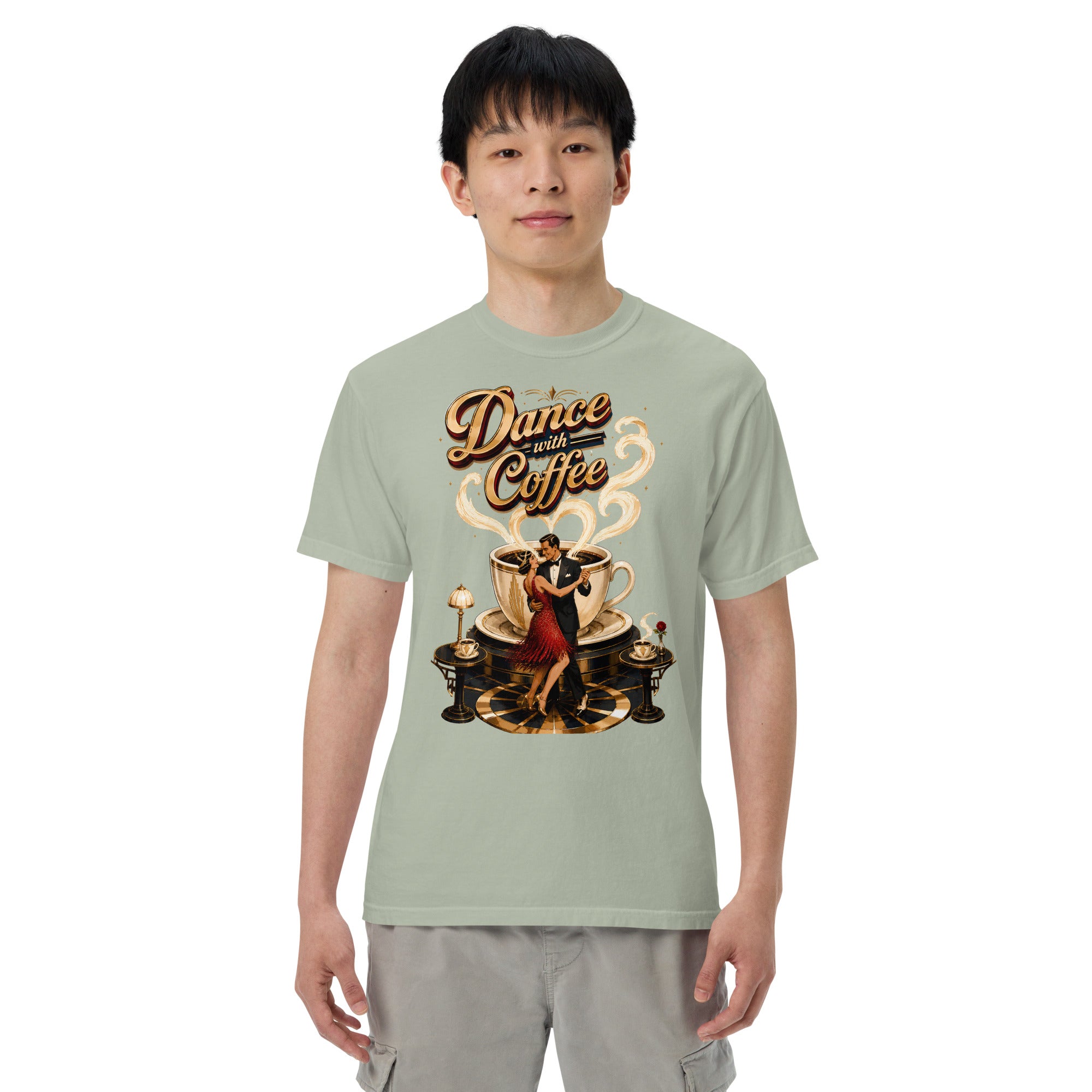Coffee Lovers Unisex Garment-Dyed Heavyweight T-Shirt Dance with Coffee – Art Deco Dancer & Giant Cup Graphic Tee by printfluence.net