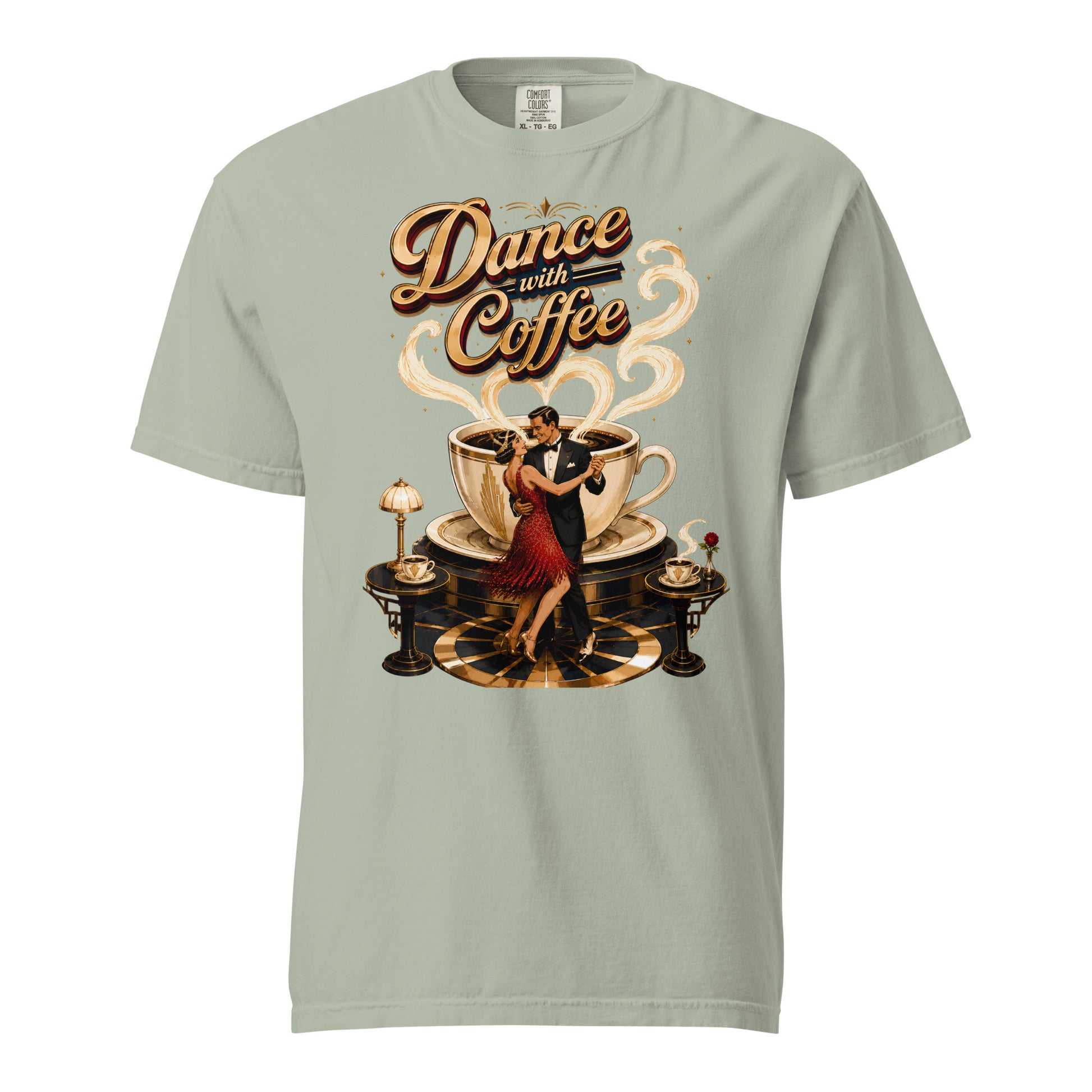 Coffee Lovers Unisex Garment-Dyed Heavyweight T-Shirt Dance with Coffee – Art Deco Dancer & Giant Cup Graphic Tee by printfluence.net