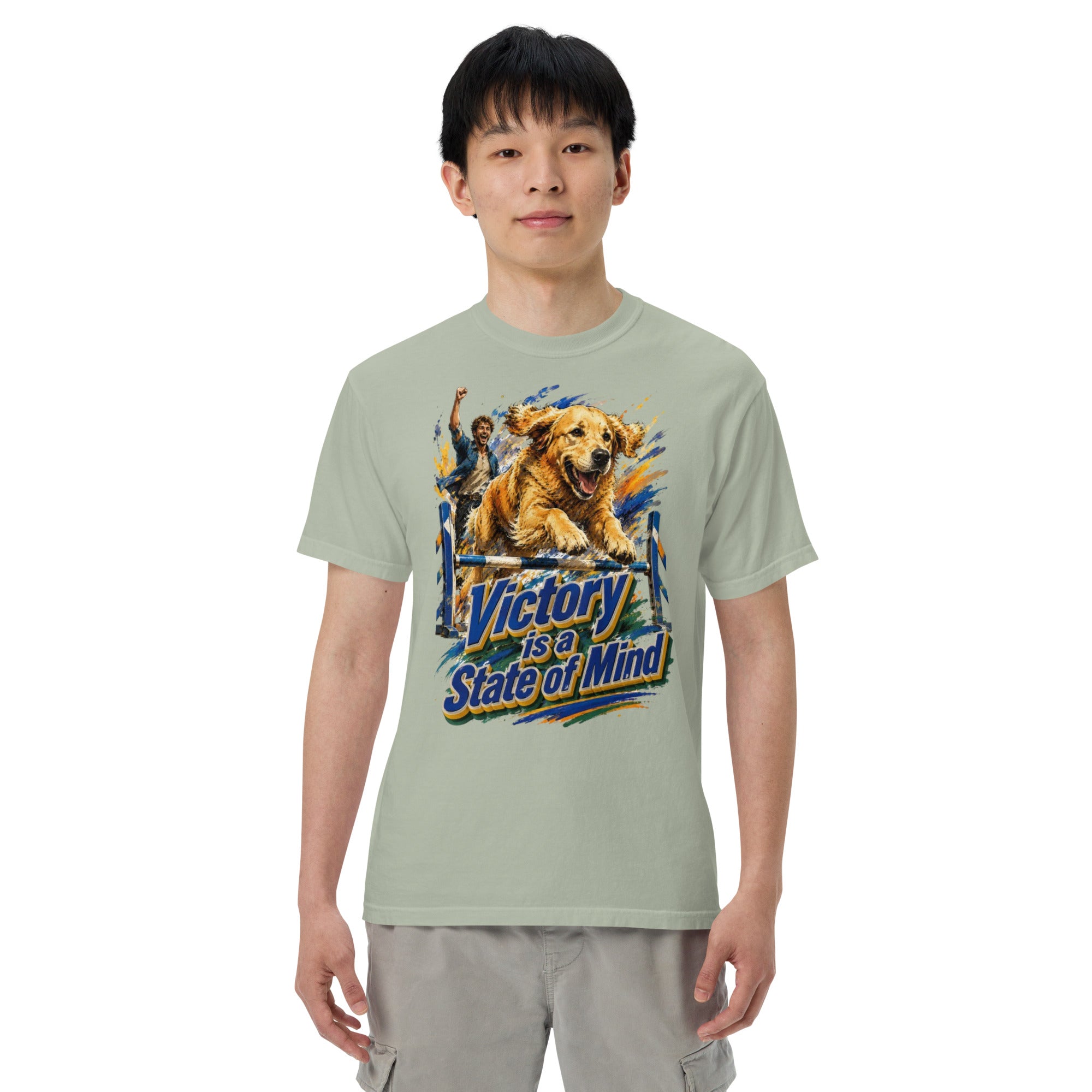 Golden Retriever Lovers Unisex Garment-Dyed Heavyweight T-Shirt — "Victory is a State of Mind" Agility Jumping Dog and Owner Design by printfluence.net