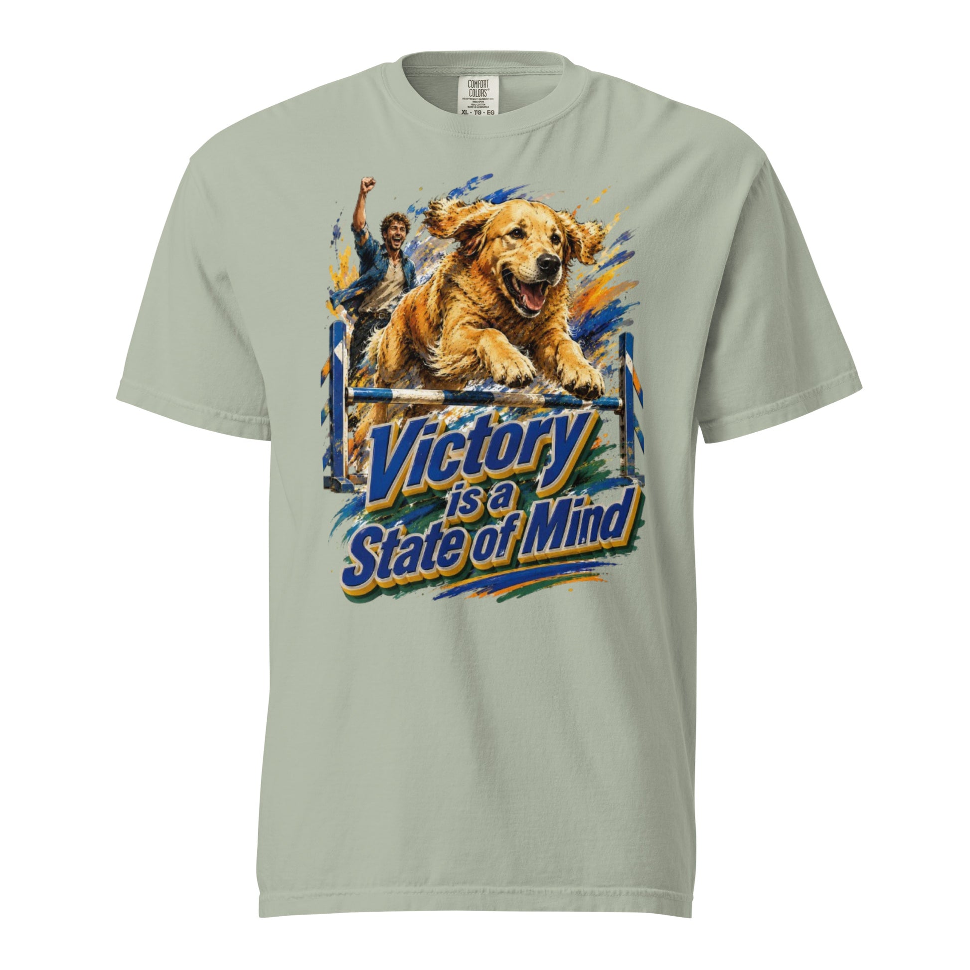 Golden Retriever Lovers Unisex Garment-Dyed Heavyweight T-Shirt — "Victory is a State of Mind" Agility Jumping Dog and Owner Design by printfluence.net