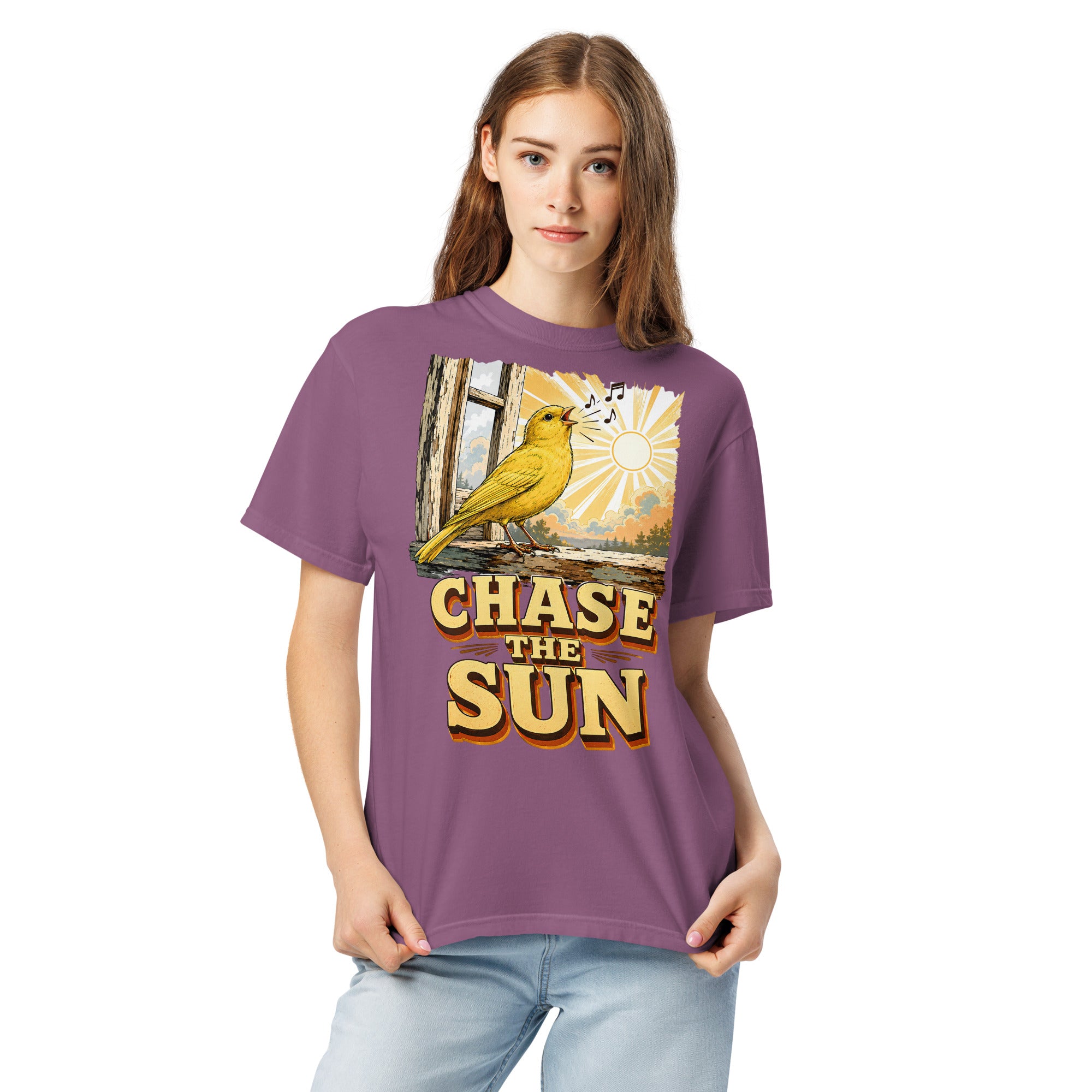 Vintage Chase The Sun Faded Oversized Tee - Retro Canary Lovers T-Shirt T-1 by printfluence.net