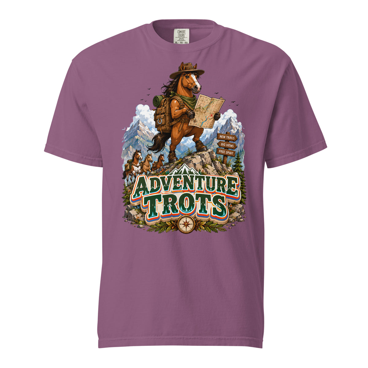 Adventure Trots Premium Tee | Epic Horse Lover's Hiking & Trail Graphic T-Shirt by printfluence.net