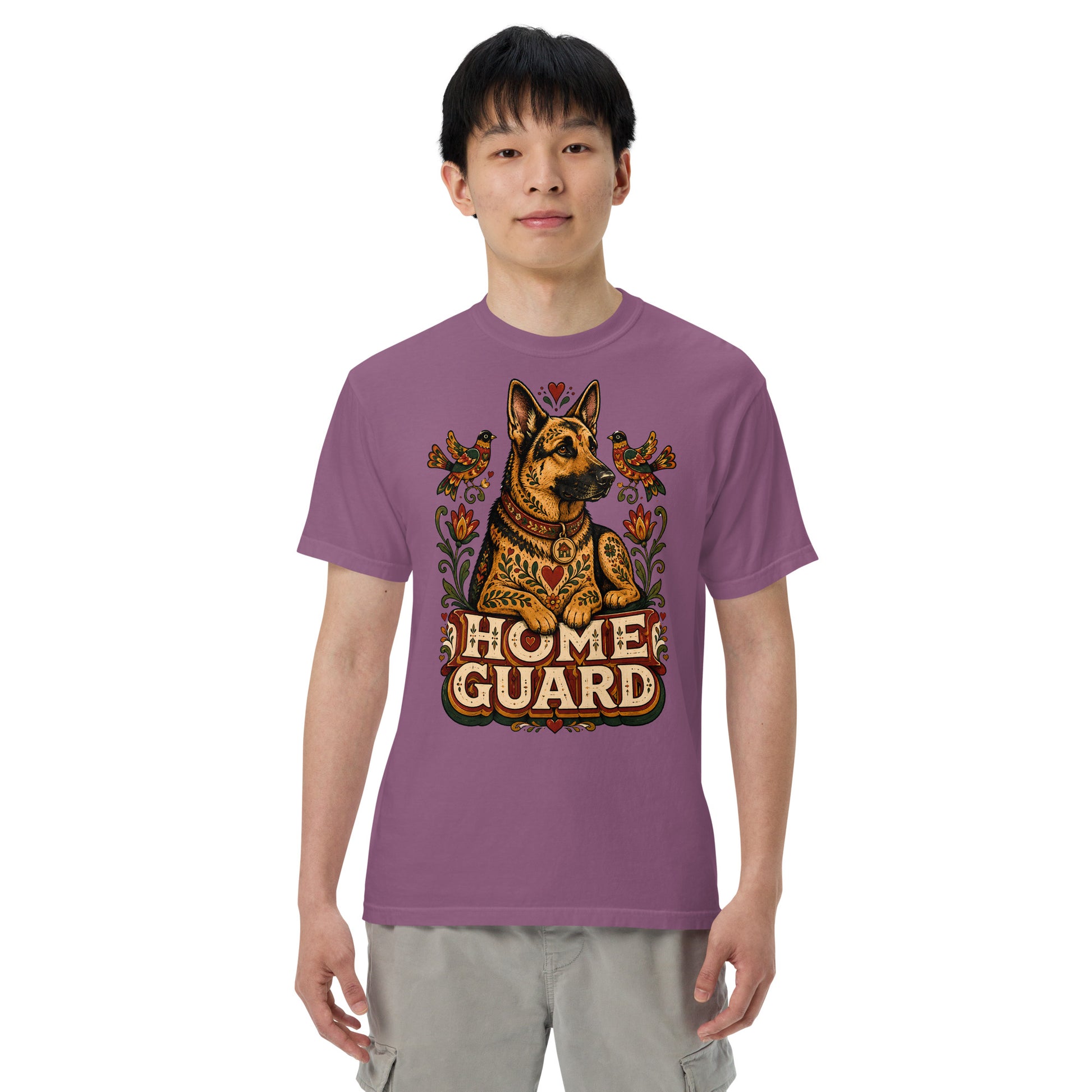 German Shepherd Lovers Unisex Garment-Dyed T-Shirt | Folk Art "Home Guard" Graphic Apparel by printfluence.net