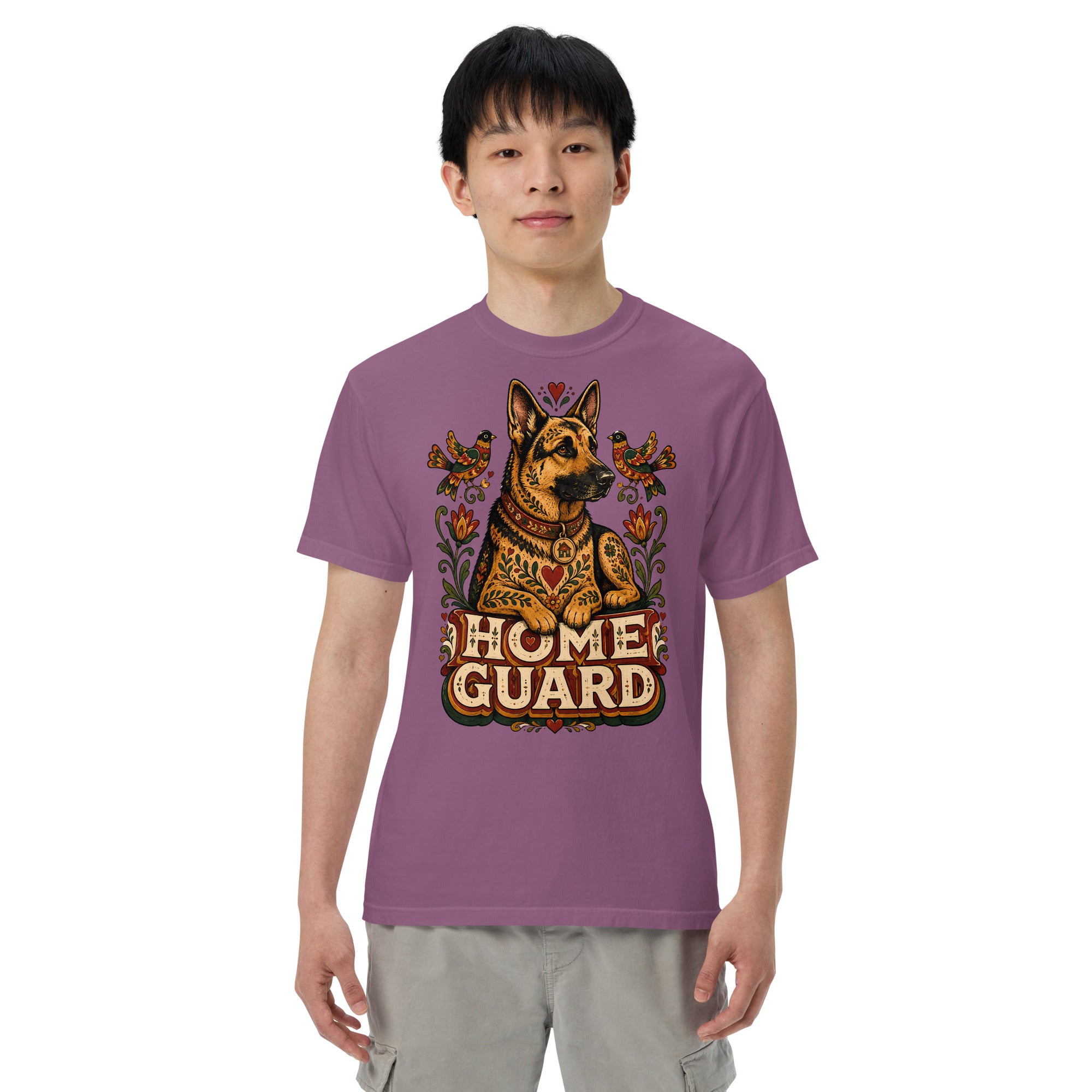 German Shepherd Lovers Unisex Garment-Dyed T-Shirt | Folk Art "Home Guard" Graphic Apparel by printfluence.net
