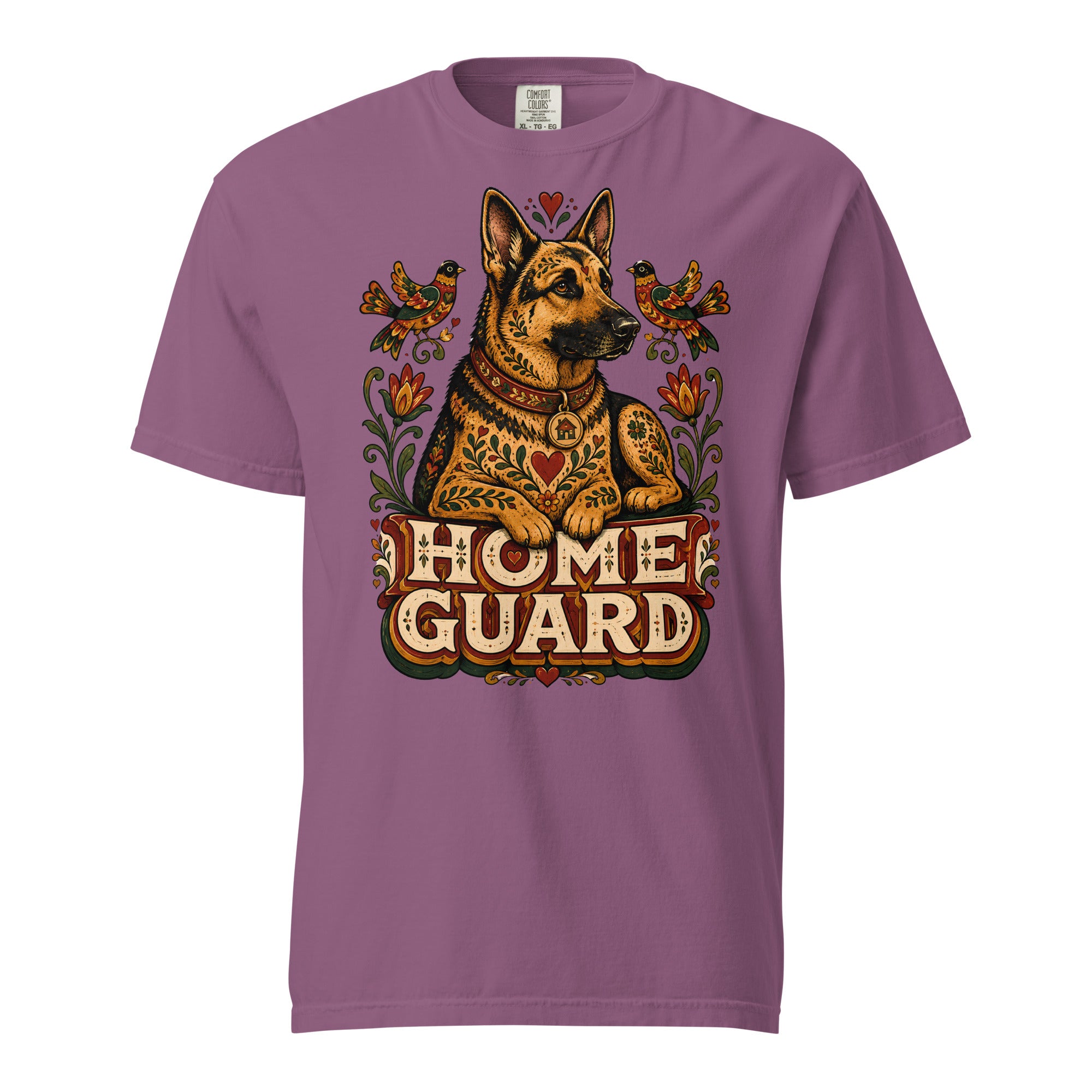 German Shepherd Lovers Unisex Garment-Dyed T-Shirt | Folk Art "Home Guard" Graphic Apparel by printfluence.net