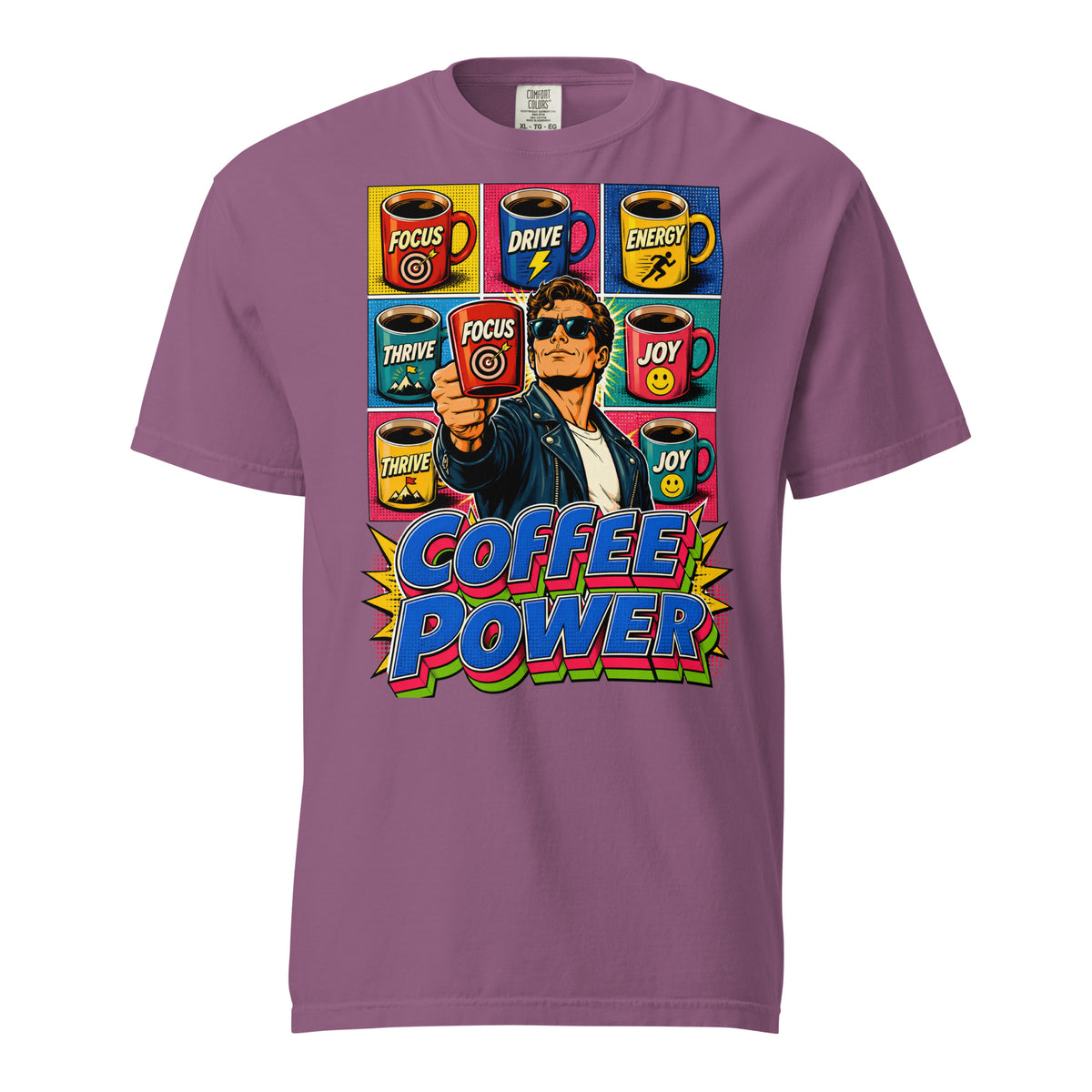 Coffee Lovers Unisex Garment-Dyed Heavyweight T-shirt Coffee Power – Retro Pop Art Motivational Graphic Tee by printfluence.net