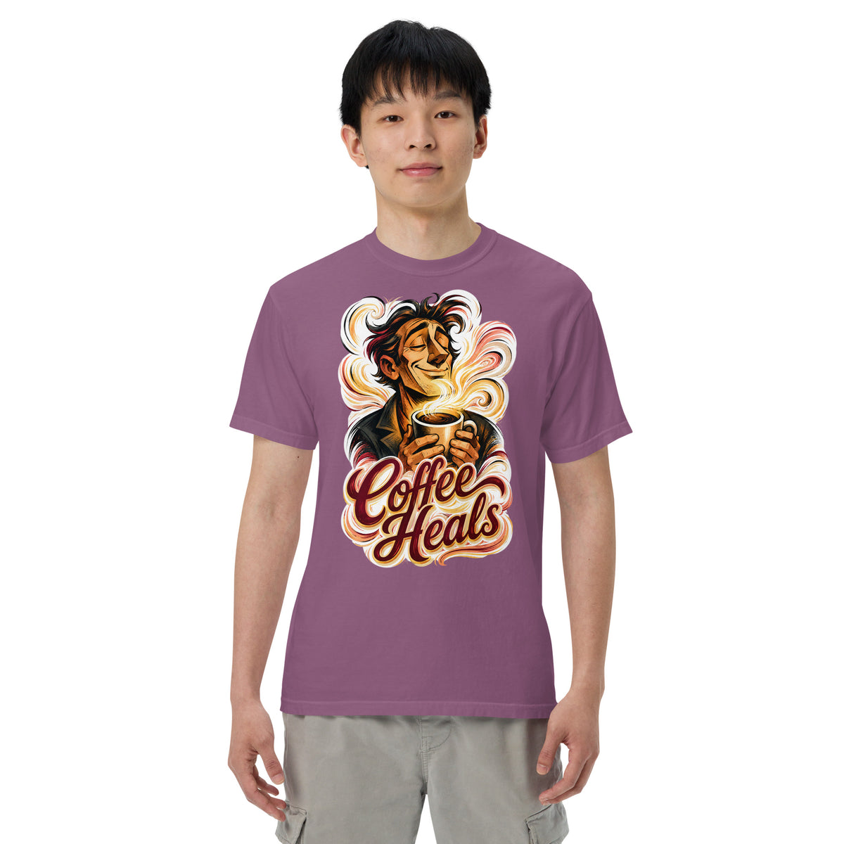 Coffee Lovers Unisex Garment-Dyed Heavyweight T-shirt Coffee Heals – Soulful Morning Motivation Graphic Tee by printfluence.net
