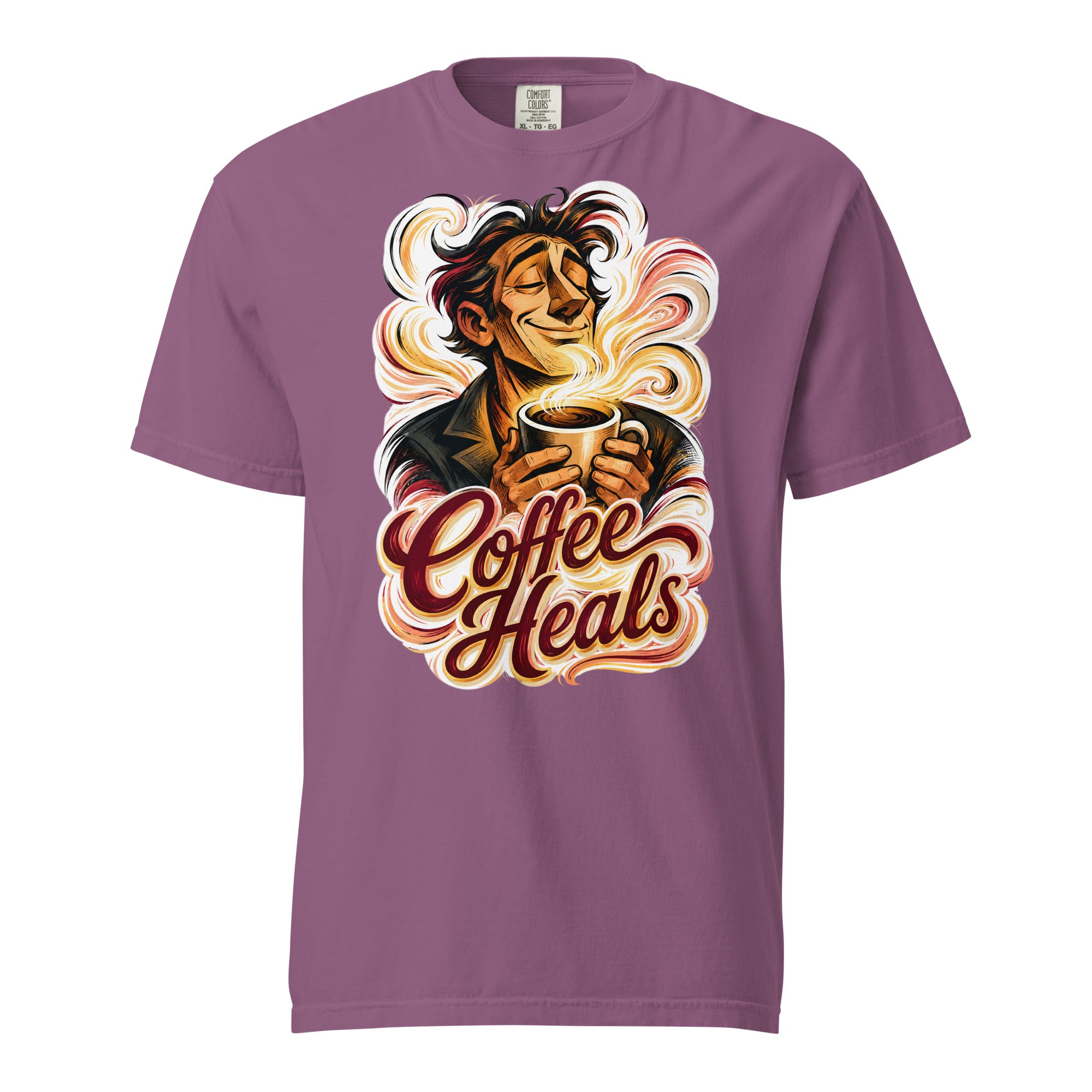 Coffee Lovers Unisex Garment-Dyed Heavyweight T-shirt Coffee Heals – Soulful Morning Motivation Graphic Tee by printfluence.net