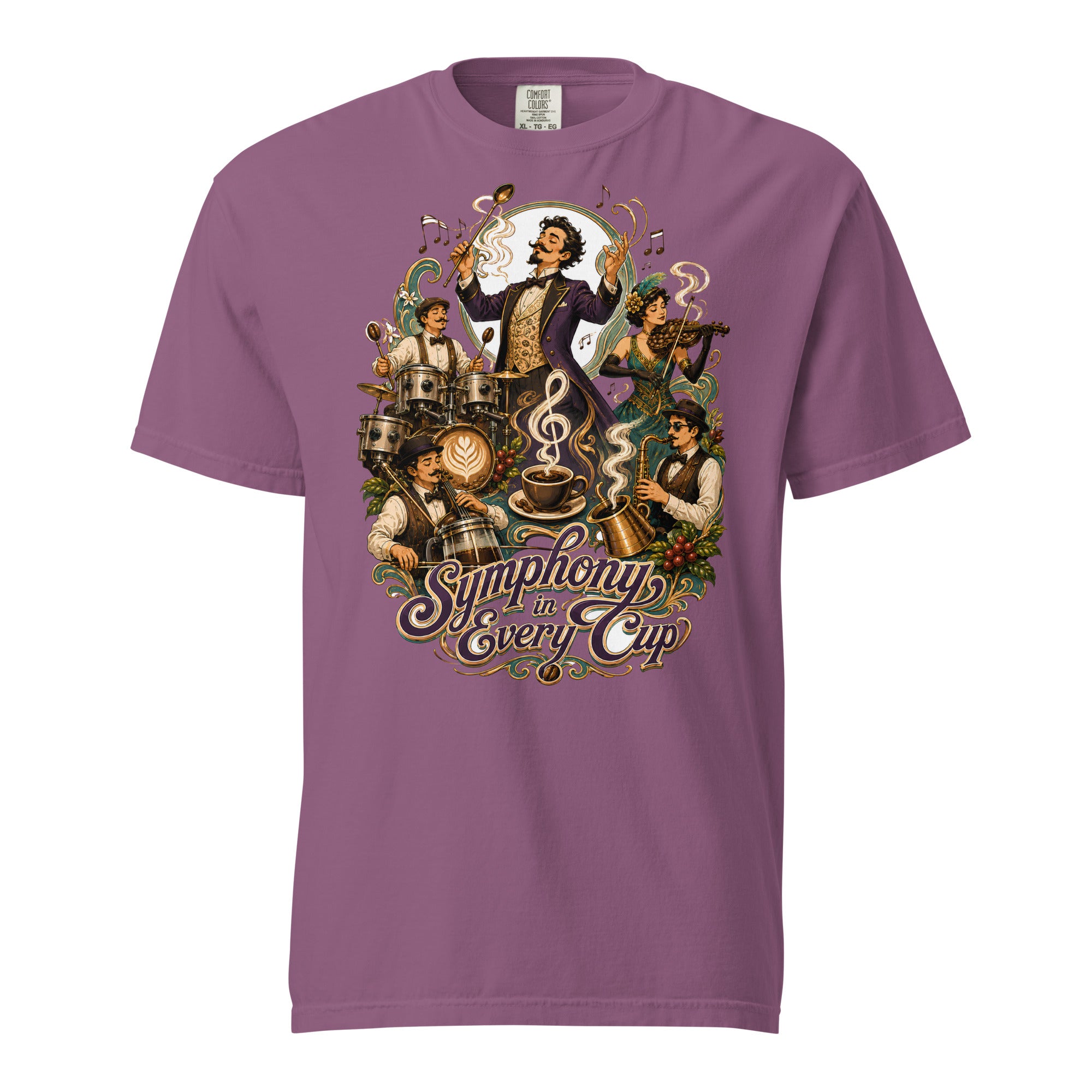 Coffee Lovers Unisex Heavyweight T-shirt Symphony in Every Cup – Musical & Orchestral Coffee Graphic Tee by printfluence.net