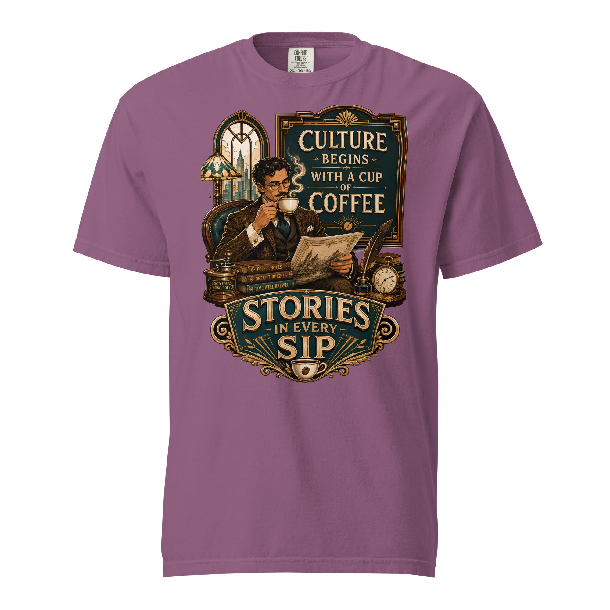 Coffee Lovers Unisex Heavyweight T-shirt Stories in Every Sip – Vintage Gentleman & Intellectual Coffee Graphic Tee by printfluence.net