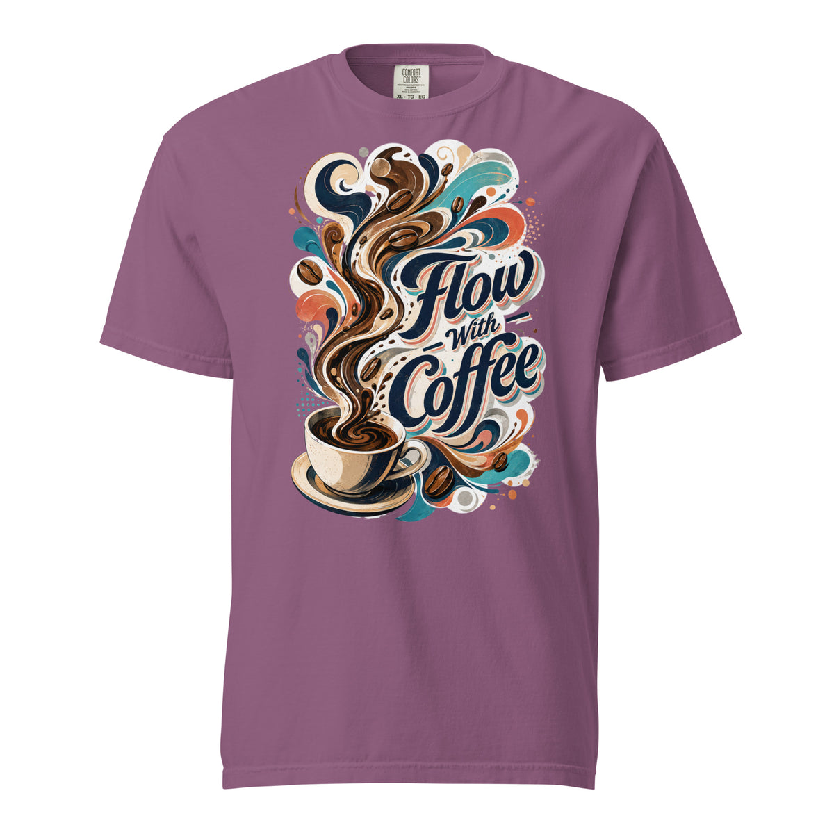 Coffee Lovers Heavyweight T-Shirt Flow with Coffee – Abstract Swirl & Coffee Bean Graphic Tee by printfluence.net