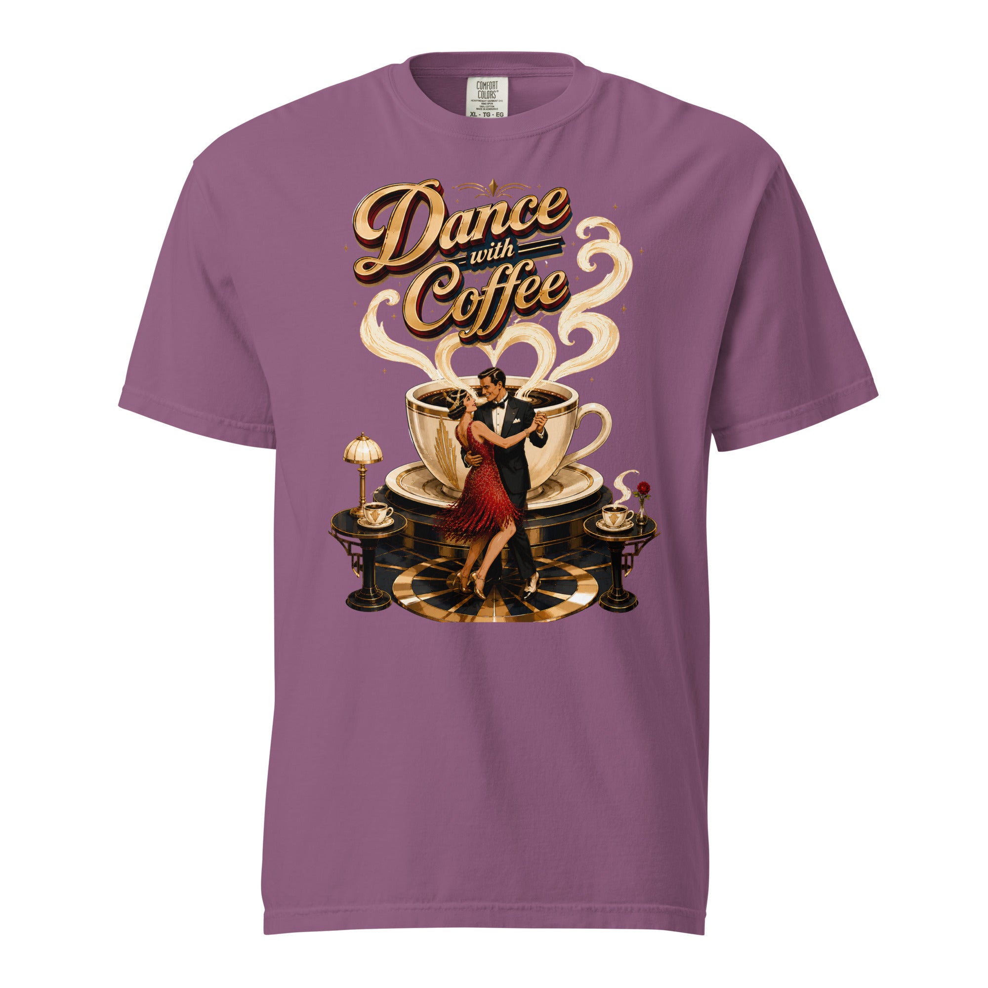 Coffee Lovers Unisex Garment-Dyed Heavyweight T-Shirt Dance with Coffee – Art Deco Dancer & Giant Cup Graphic Tee by printfluence.net