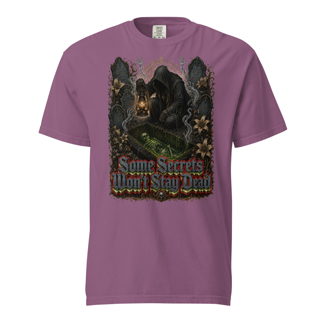 Horror & Mystery Lovers Unisex Garment-Dyed Heavyweight T-Shirt with Grave Keeper and "Some Secrets Won't Stay Dead" Design by printfluence.net