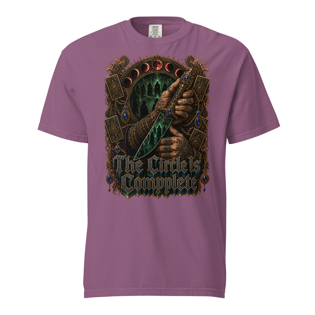 Occult & Esoteric Art Lovers Unisex Garment-Dyed Heavyweight T-Shirt with Ritual Dagger and "The Circle Is Complete" Design by printfluence.net