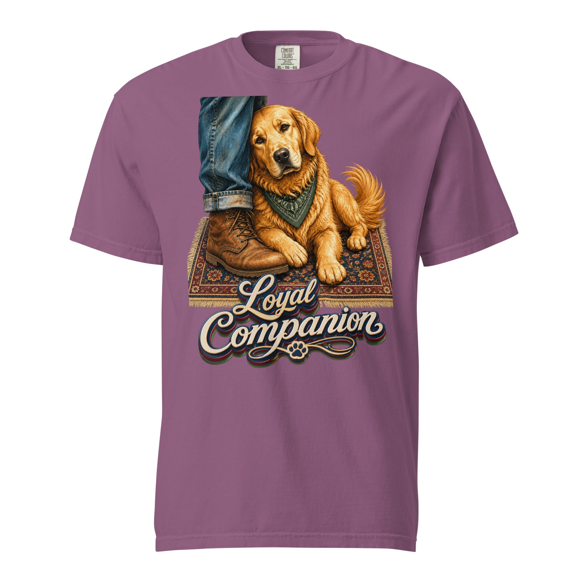 Golden Retriever Lovers Unisex Garment-Dyed Heavyweight T-Shirt — "Loyal Companion" Faithful Dog Resting on Rug Design by printfluence.net