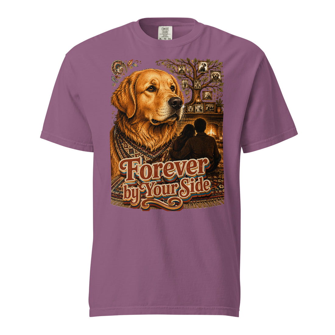 Golden Retriever Lovers Unisex Garment-Dyed Heavyweight T-Shirt — "Forever by Your Side" Family Tree and Fireside Dog Design by printfluence.net