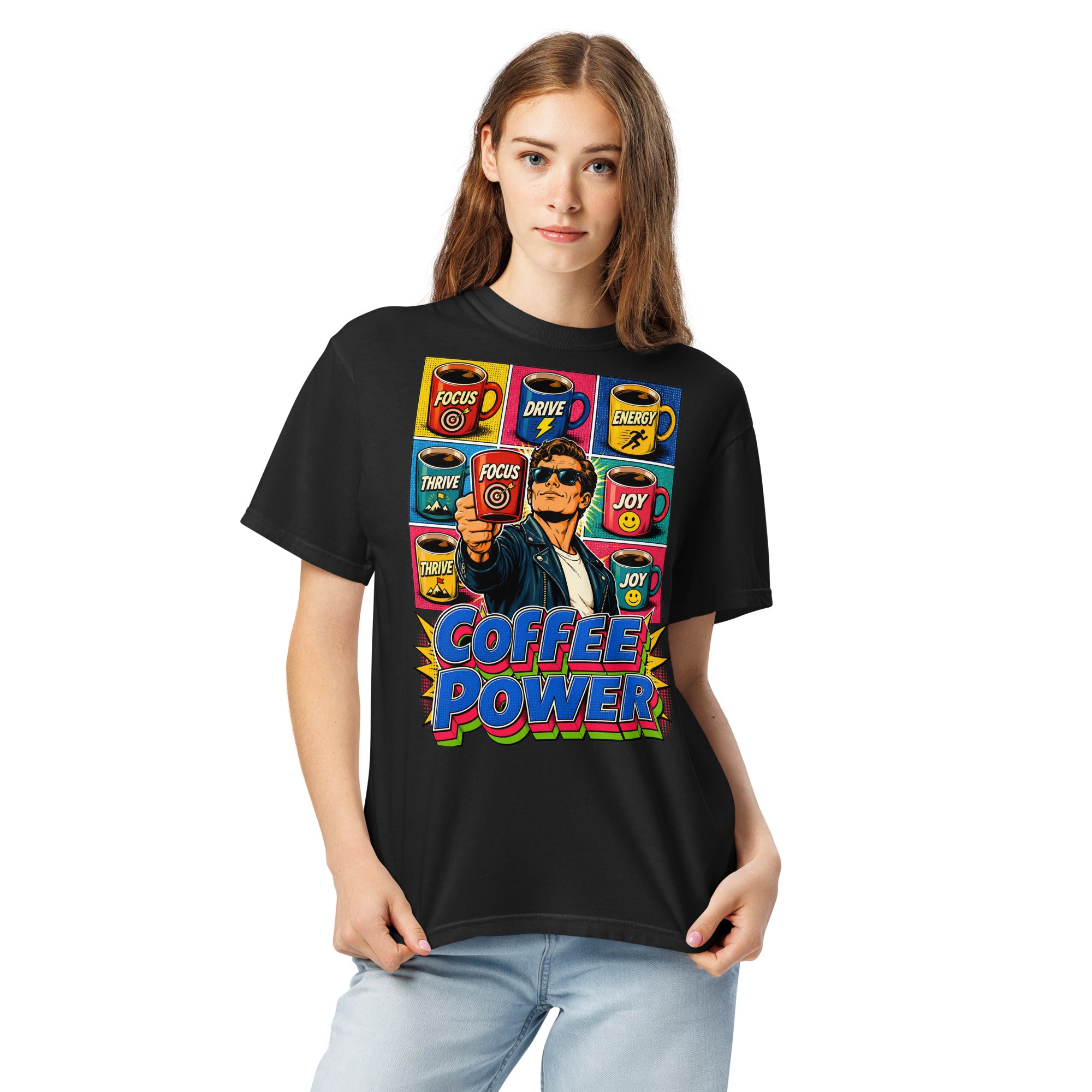 Coffee Lovers Unisex Garment-Dyed Heavyweight T-shirt Coffee Power – Retro Pop Art Motivational Graphic Tee by printfluence.net