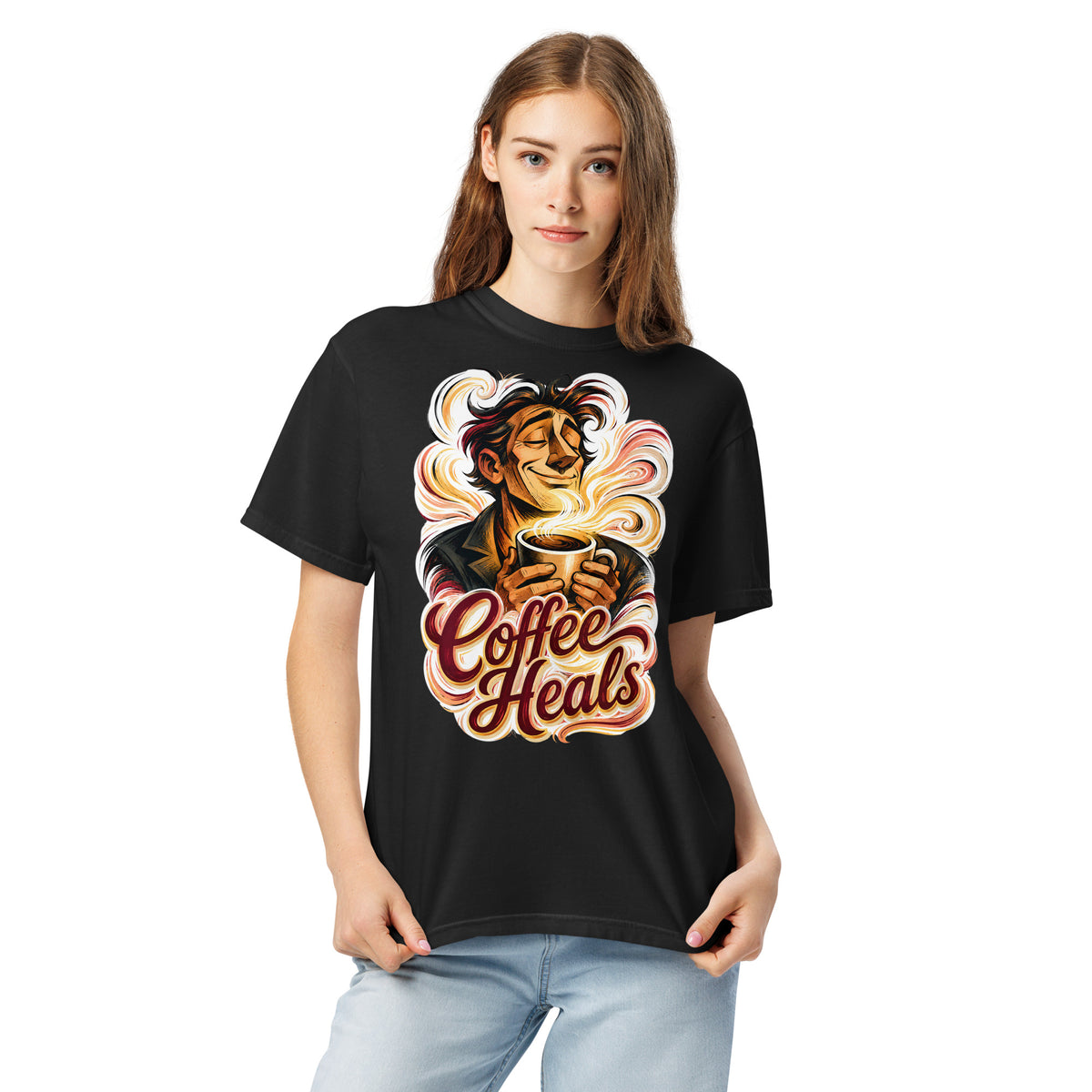 Coffee Lovers Unisex Garment-Dyed Heavyweight T-shirt Coffee Heals – Soulful Morning Motivation Graphic Tee by printfluence.net