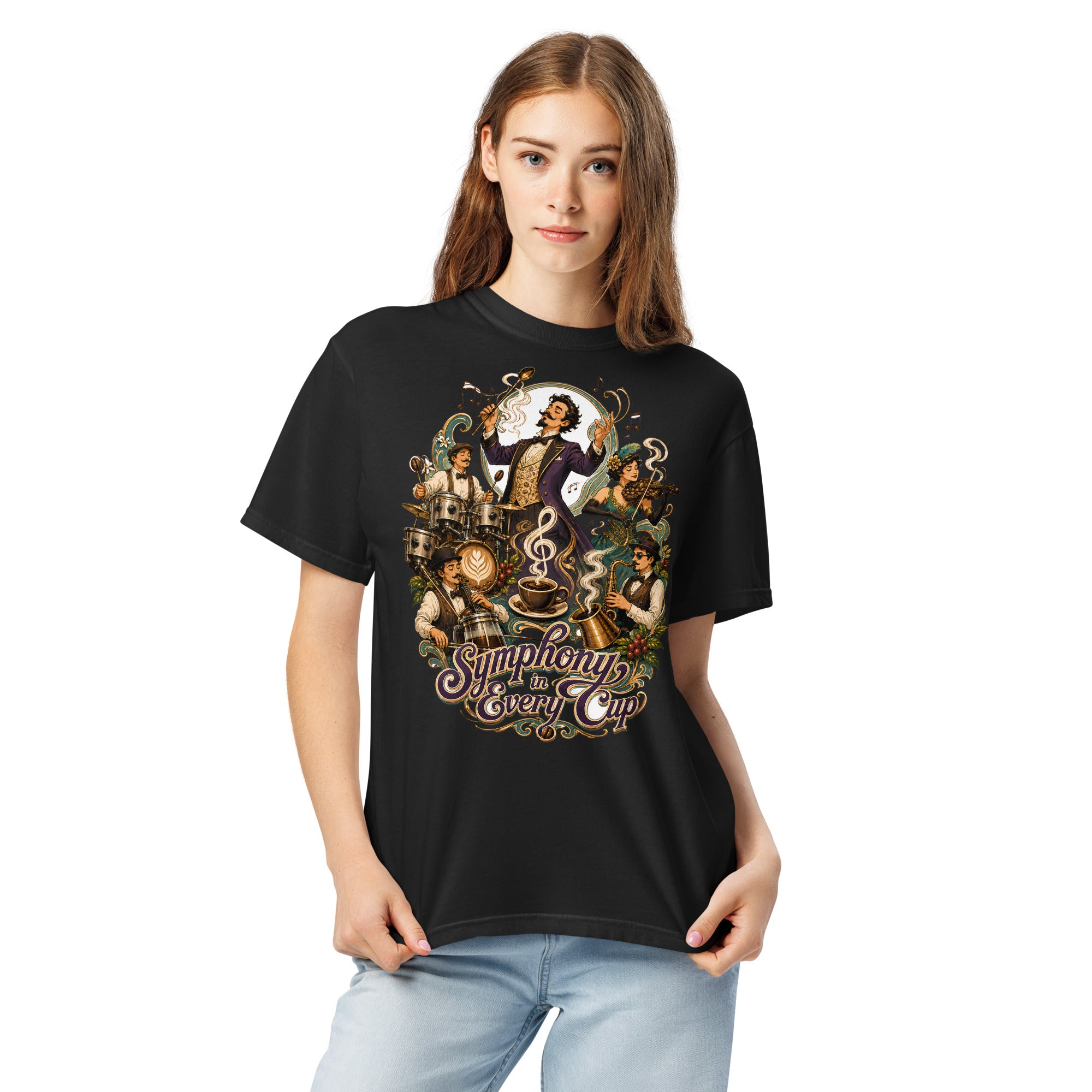 Coffee Lovers Unisex Heavyweight T-shirt Symphony in Every Cup – Musical & Orchestral Coffee Graphic Tee by printfluence.net