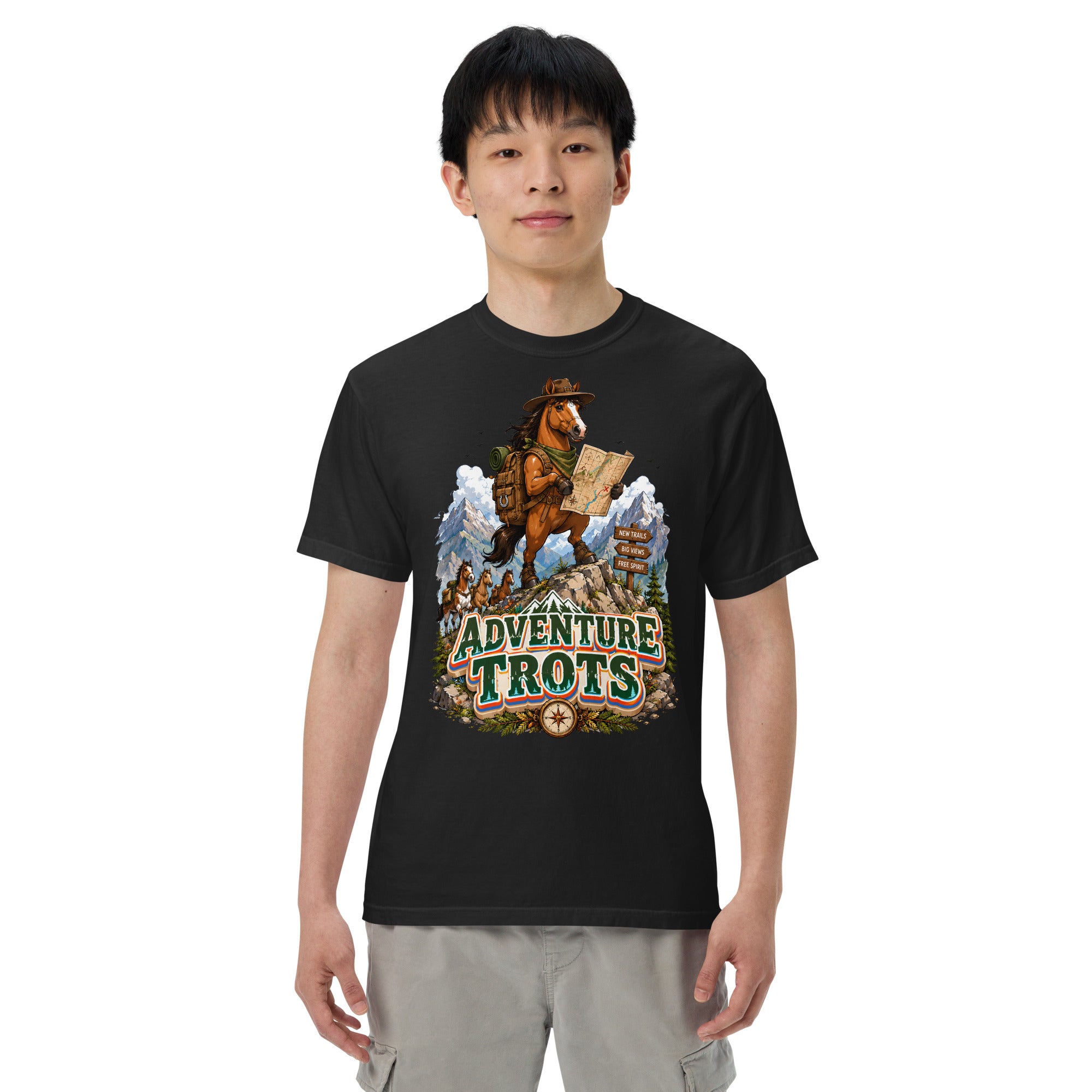 Adventure Trots Premium Tee | Epic Horse Lover's Hiking & Trail Graphic T-Shirt by printfluence.net