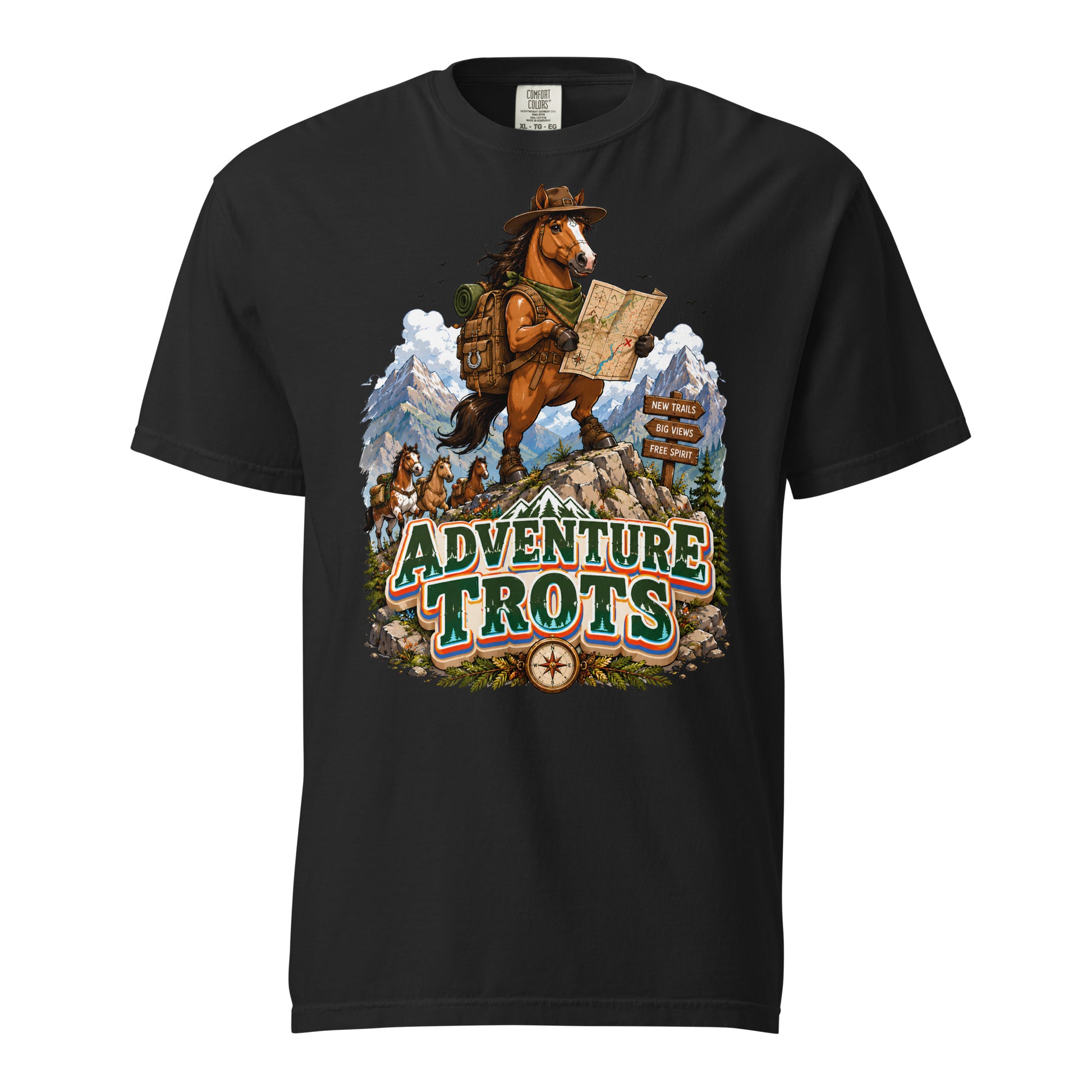 Adventure Trots Premium Tee | Epic Horse Lover's Hiking & Trail Graphic T-Shirt by printfluence.net