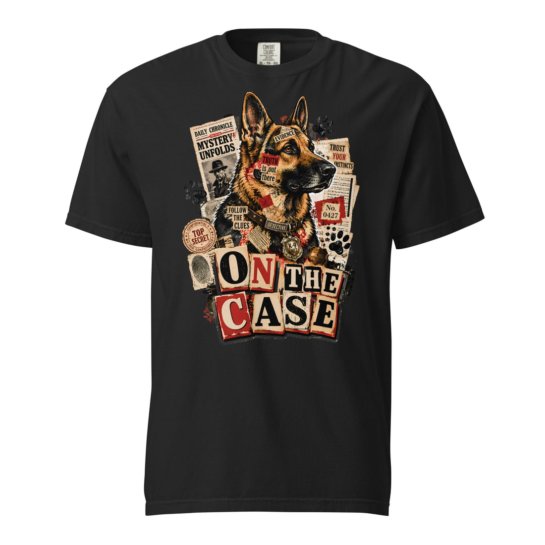 On The Case Detective Graphic Heavyweight T-Shirt | Vintage German Shepherd Unisex Tee T-1 by printfluence.net