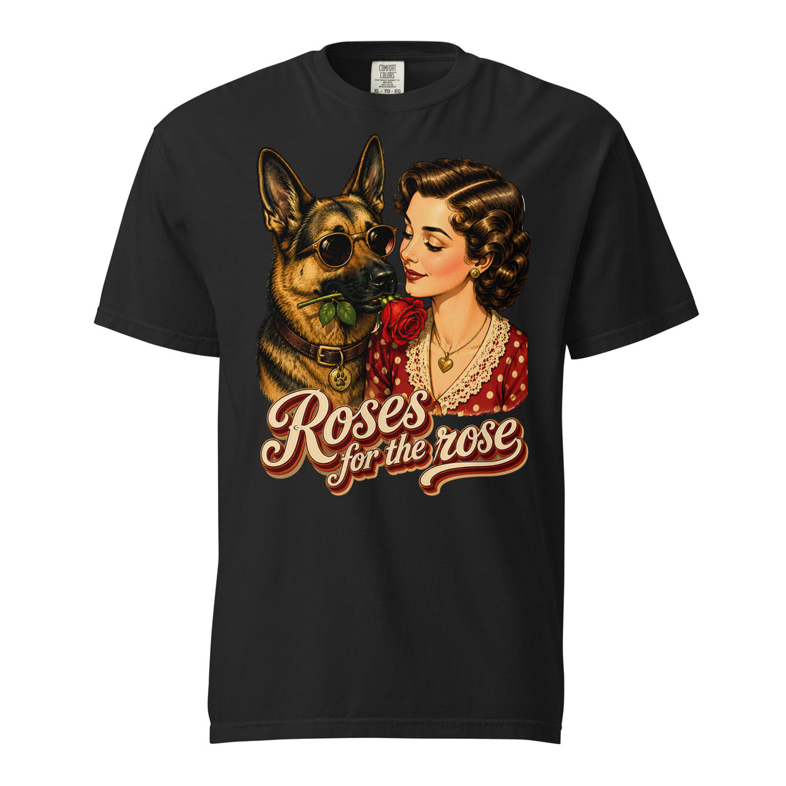 Roses For The Rose Graphic Heavyweight T-Shirt | Vintage German Shepherd Lovers Unisex Tee T-1 by printfluence.net