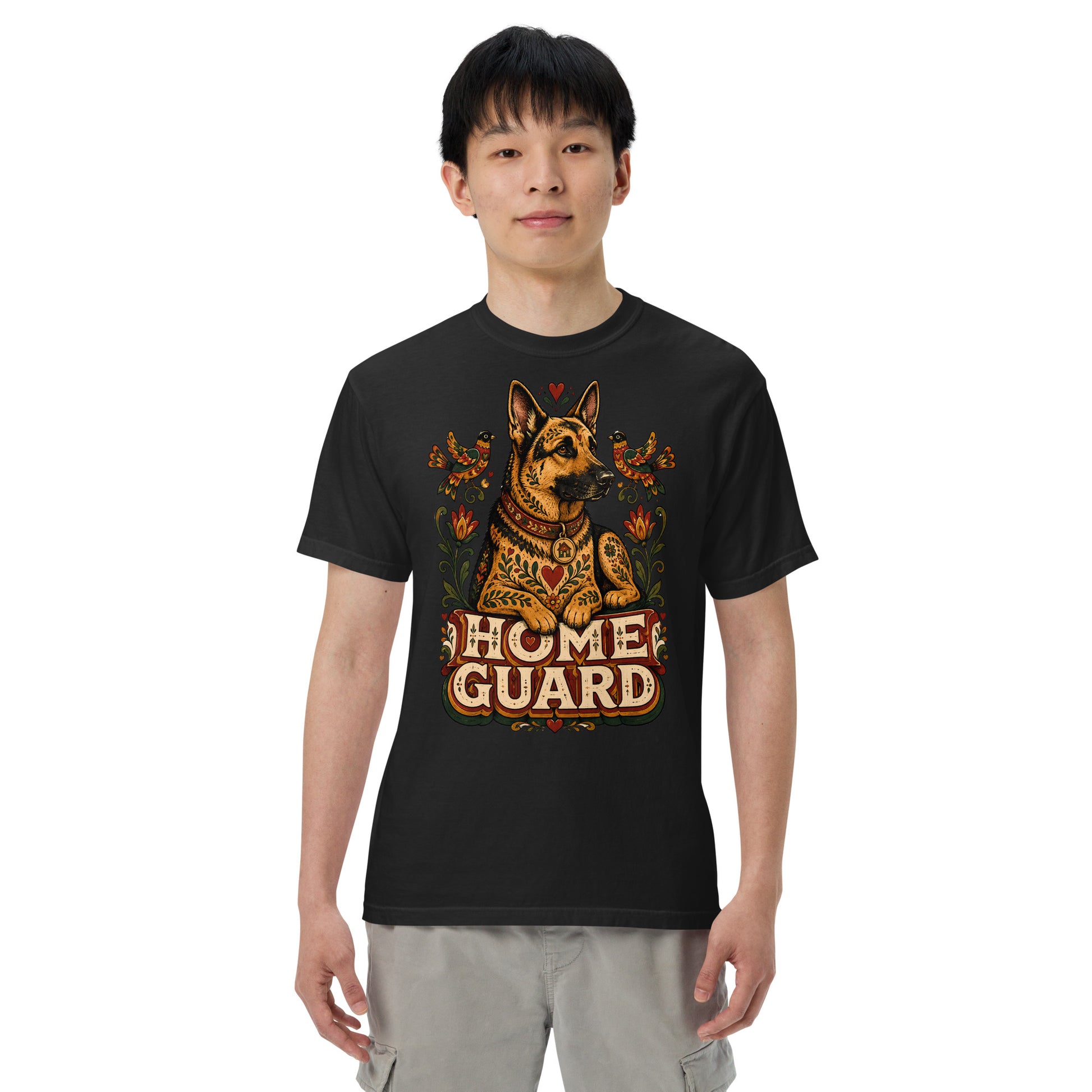 German Shepherd Lovers Unisex Garment-Dyed T-Shirt | Folk Art "Home Guard" Graphic Apparel by printfluence.net