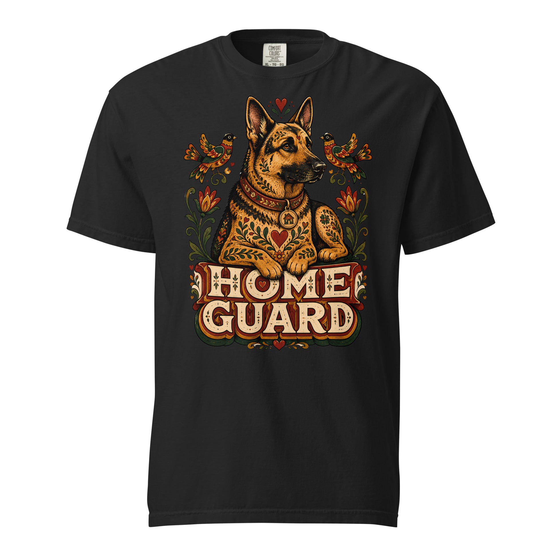 German Shepherd Lovers Unisex Garment-Dyed T-Shirt | Folk Art "Home Guard" Graphic Apparel by printfluence.net