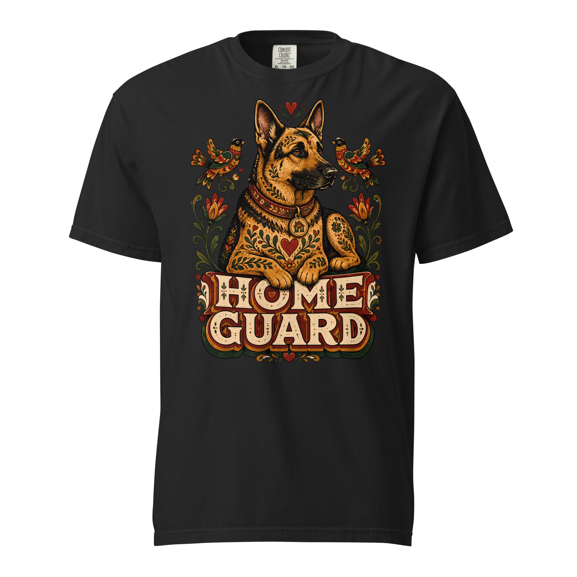 German Shepherd Lovers Unisex Garment-Dyed T-Shirt | Folk Art "Home Guard" Graphic Apparel by printfluence.net