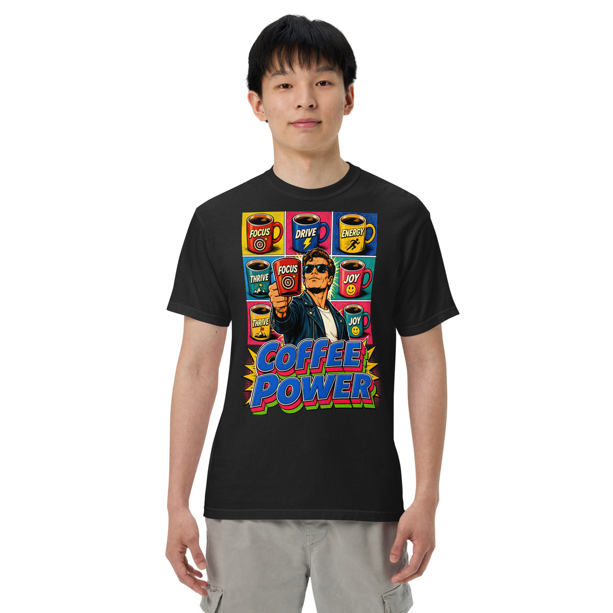 Coffee Lovers Unisex Garment-Dyed Heavyweight T-shirt Coffee Power – Retro Pop Art Motivational Graphic Tee by printfluence.net