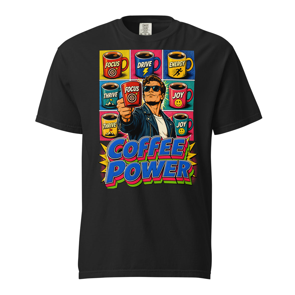 Coffee Lovers Unisex Garment-Dyed Heavyweight T-shirt Coffee Power – Retro Pop Art Motivational Graphic Tee by printfluence.net