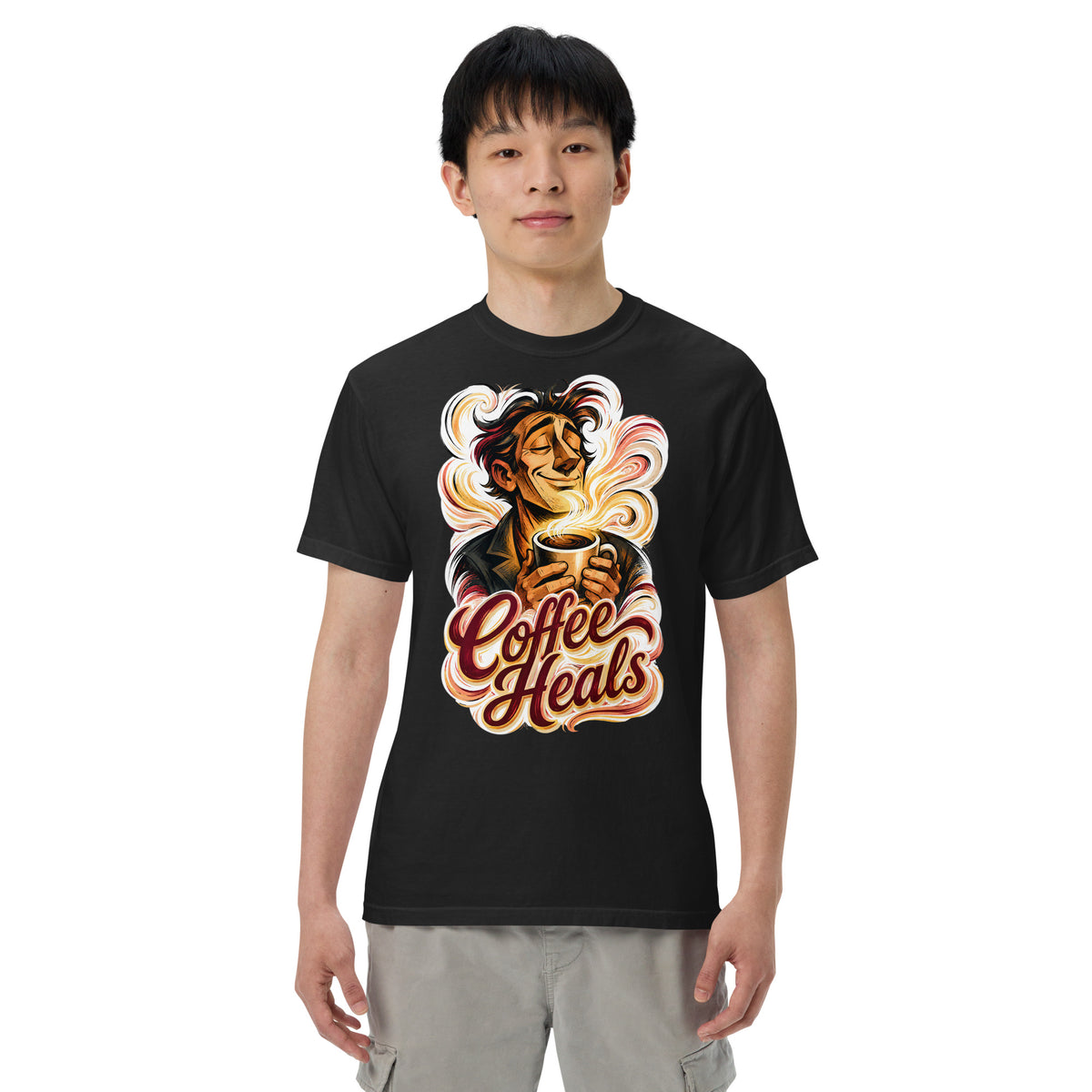Coffee Lovers Unisex Garment-Dyed Heavyweight T-shirt Coffee Heals – Soulful Morning Motivation Graphic Tee by printfluence.net