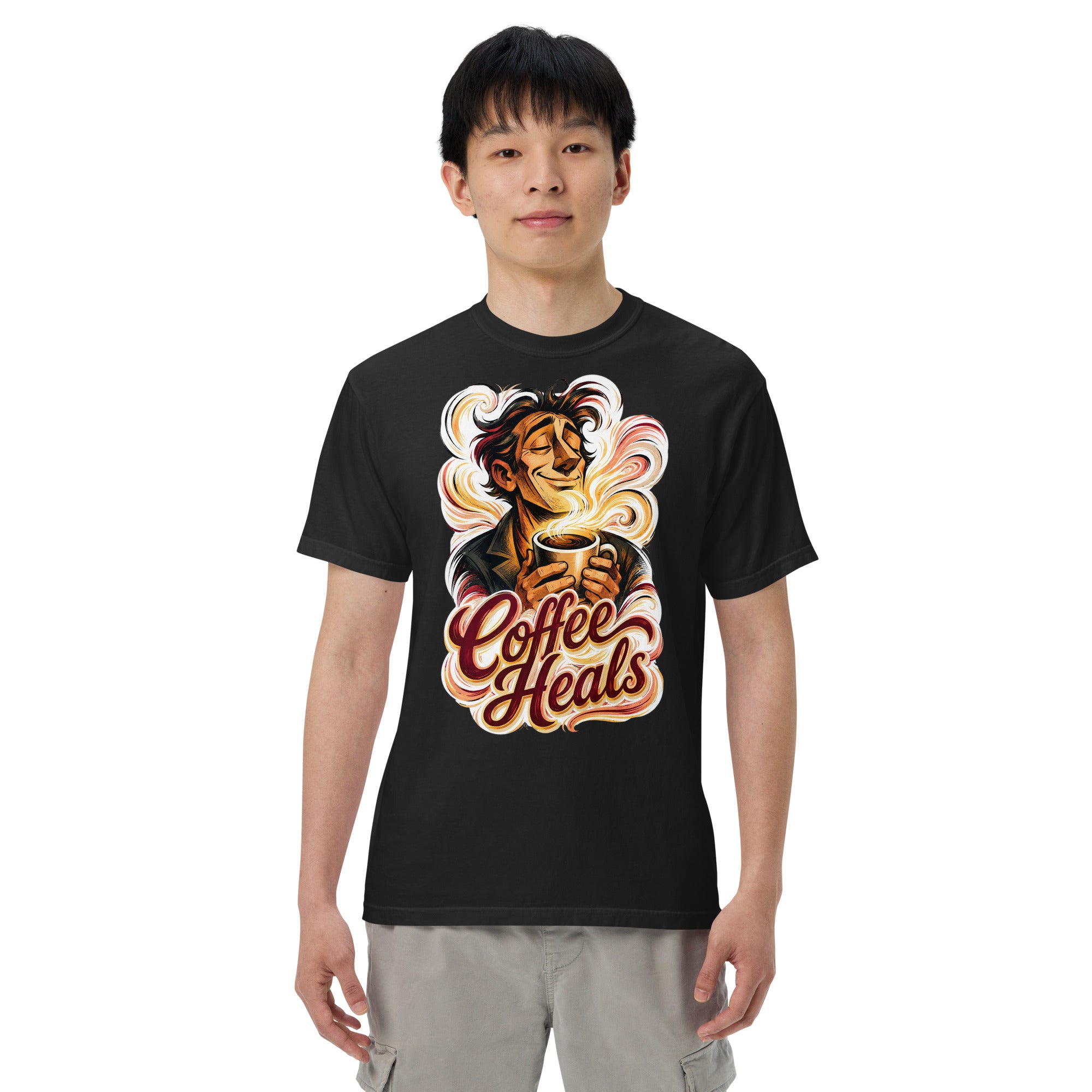 Coffee Lovers Unisex Garment-Dyed Heavyweight T-shirt Coffee Heals – Soulful Morning Motivation Graphic Tee by printfluence.net