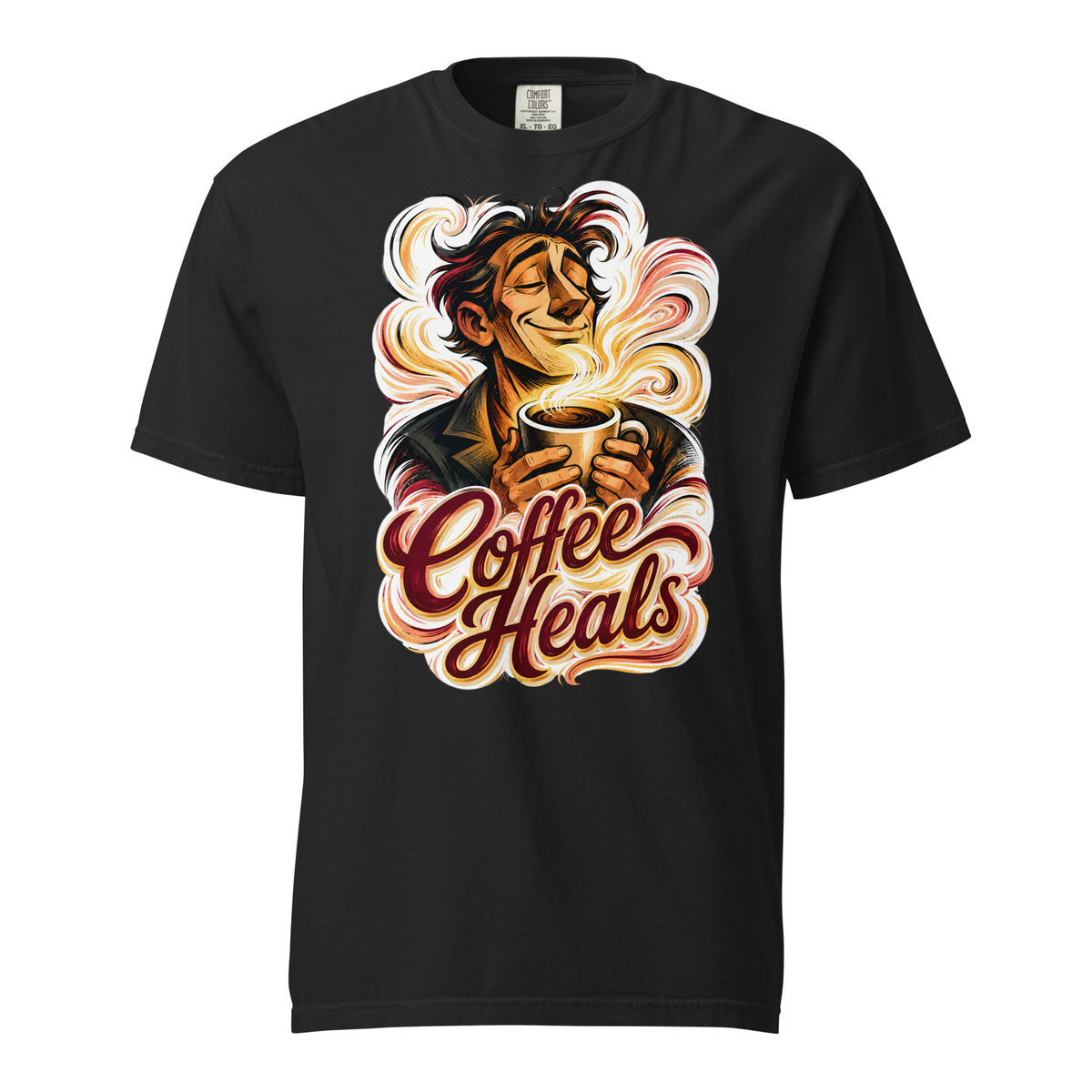 Coffee Lovers Unisex Garment-Dyed Heavyweight T-shirt Coffee Heals – Soulful Morning Motivation Graphic Tee by printfluence.net