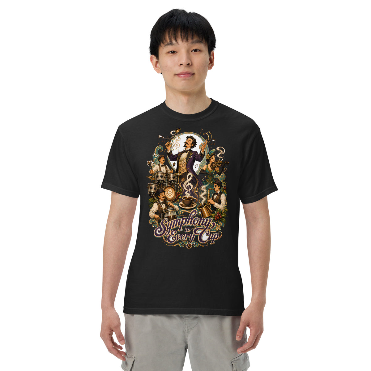 Coffee Lovers Unisex Heavyweight T-shirt Symphony in Every Cup – Musical & Orchestral Coffee Graphic Tee by printfluence.net