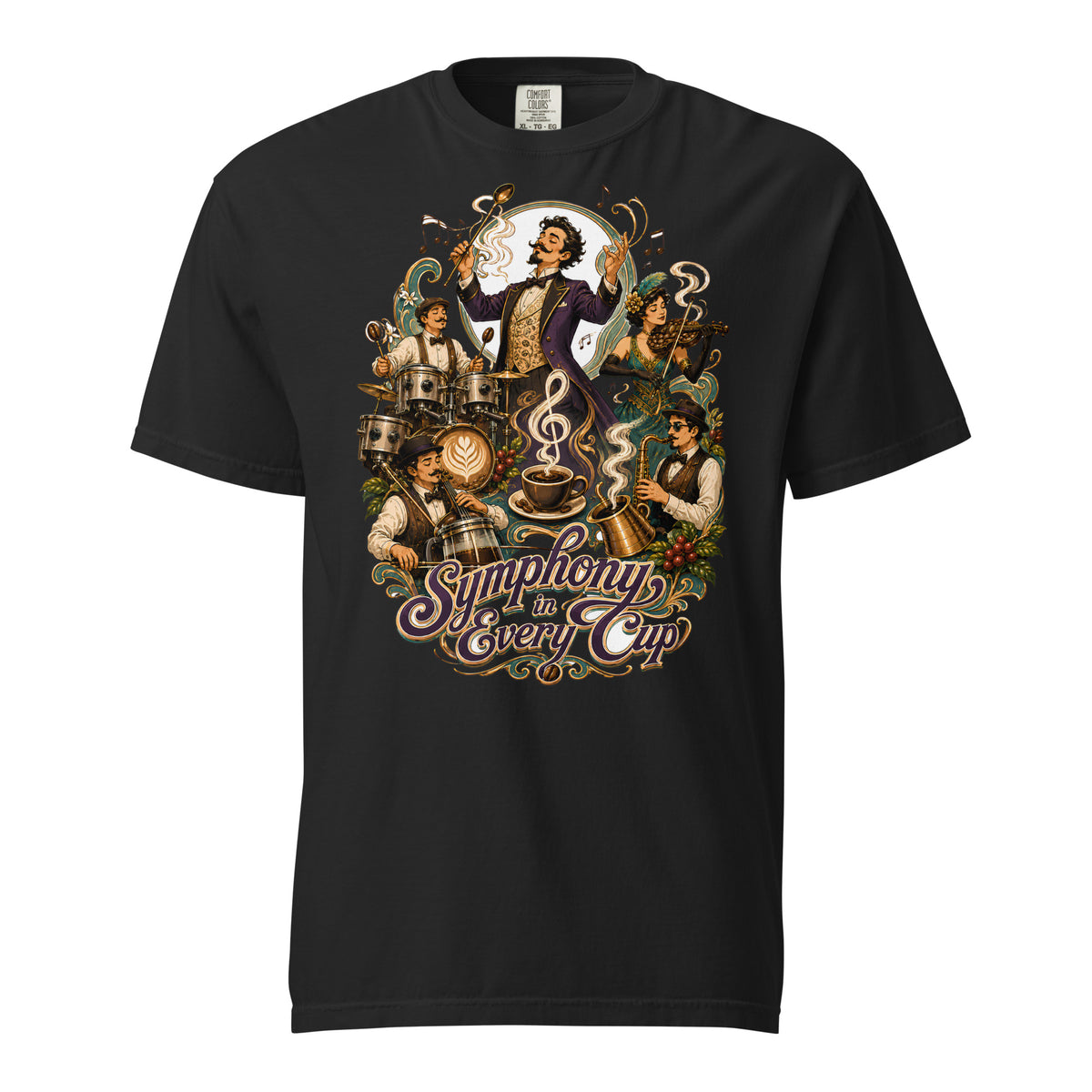 Coffee Lovers Unisex Heavyweight T-shirt Symphony in Every Cup – Musical & Orchestral Coffee Graphic Tee by printfluence.net