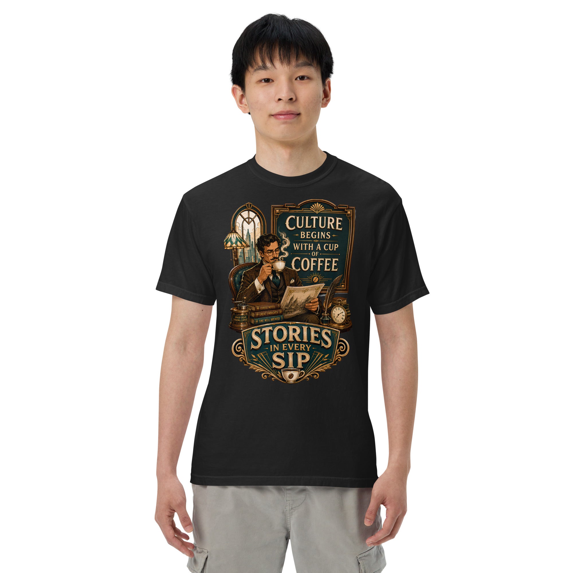 Coffee Lovers Unisex Heavyweight T-shirt Stories in Every Sip – Vintage Gentleman & Intellectual Coffee Graphic Tee by printfluence.net